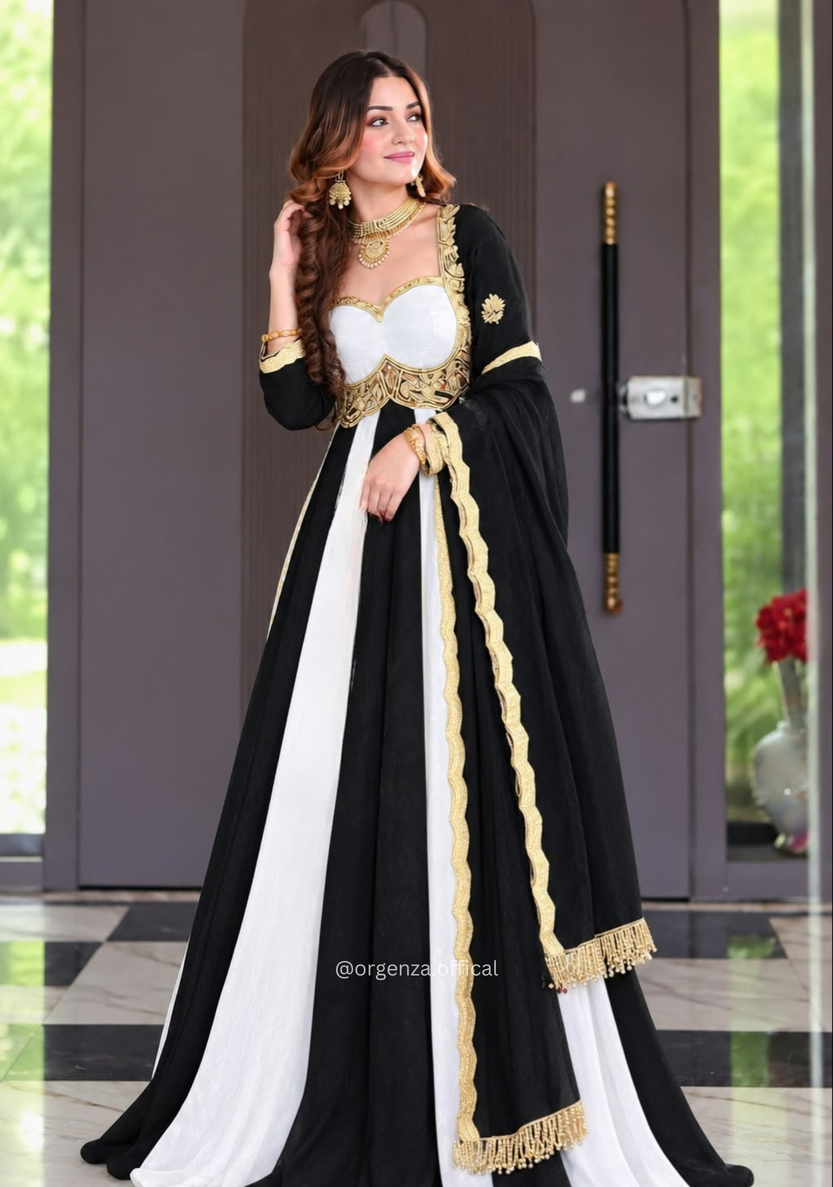 Black and White Fandy Silk Anarkali Gown