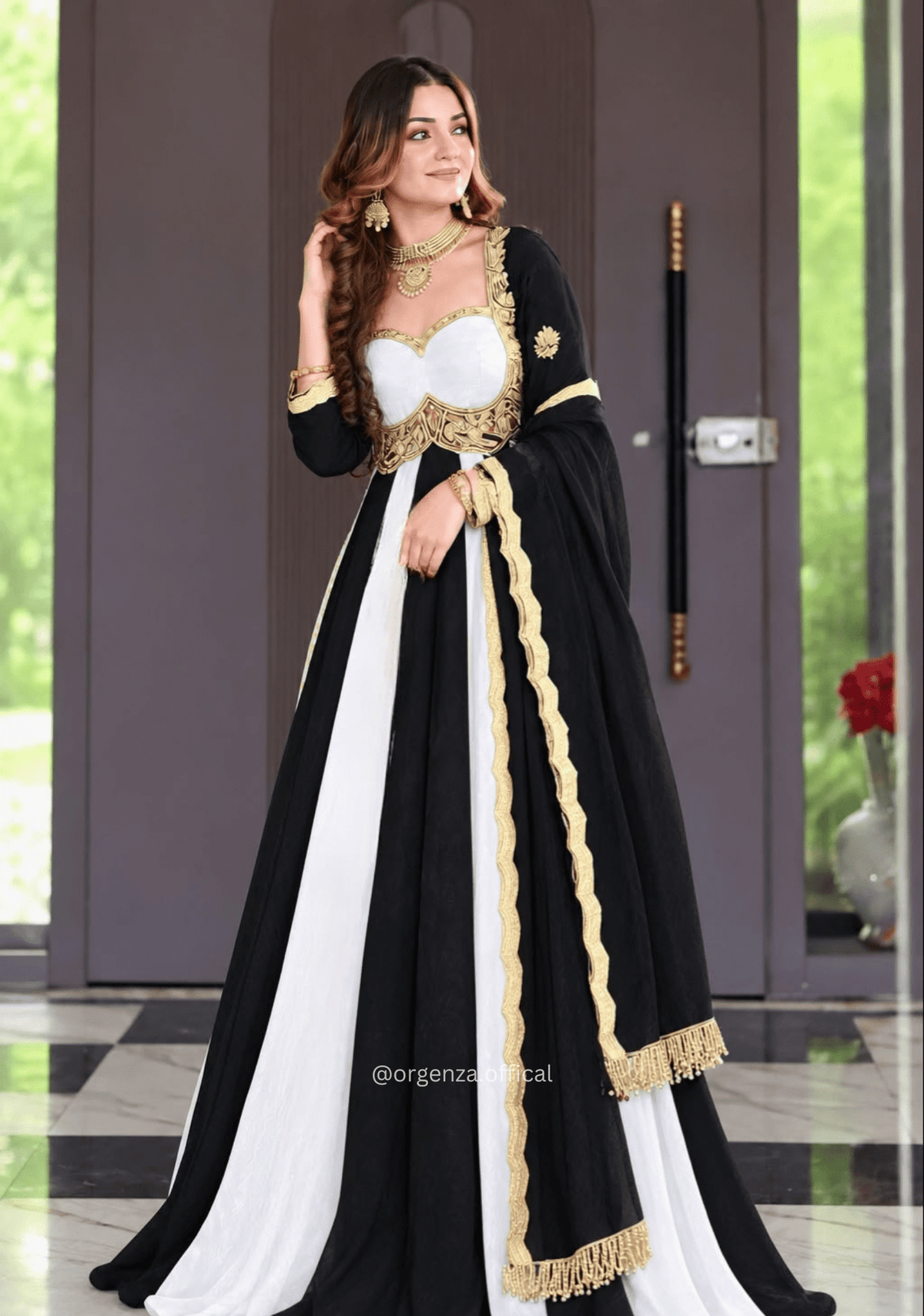 Black and White Fandy Silk Anarkali Gown