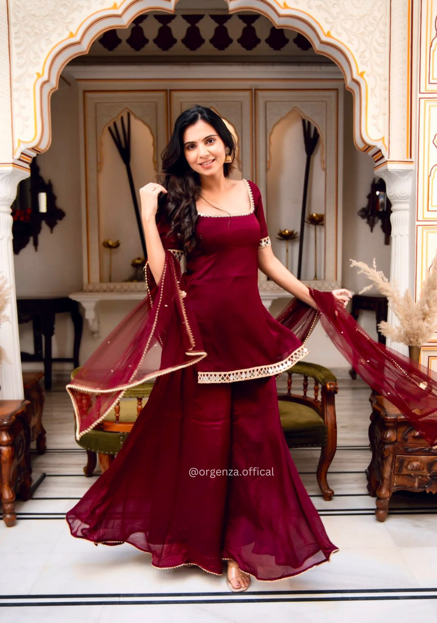 Faux Georgette Mirror Work Kurta Palazzo Set