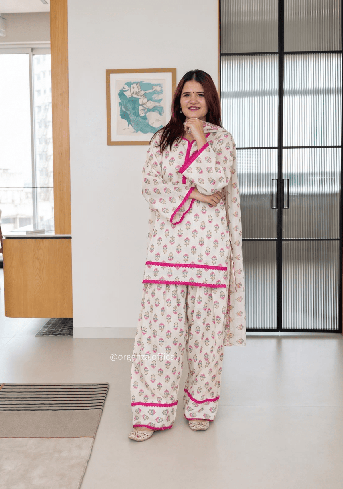 White Natural Crepe Digital Print Designer Farshi Salwar Set