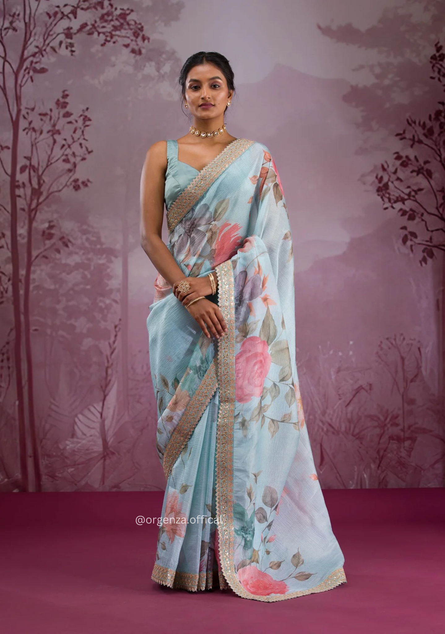Sky Colour Chinnon Silk Saree