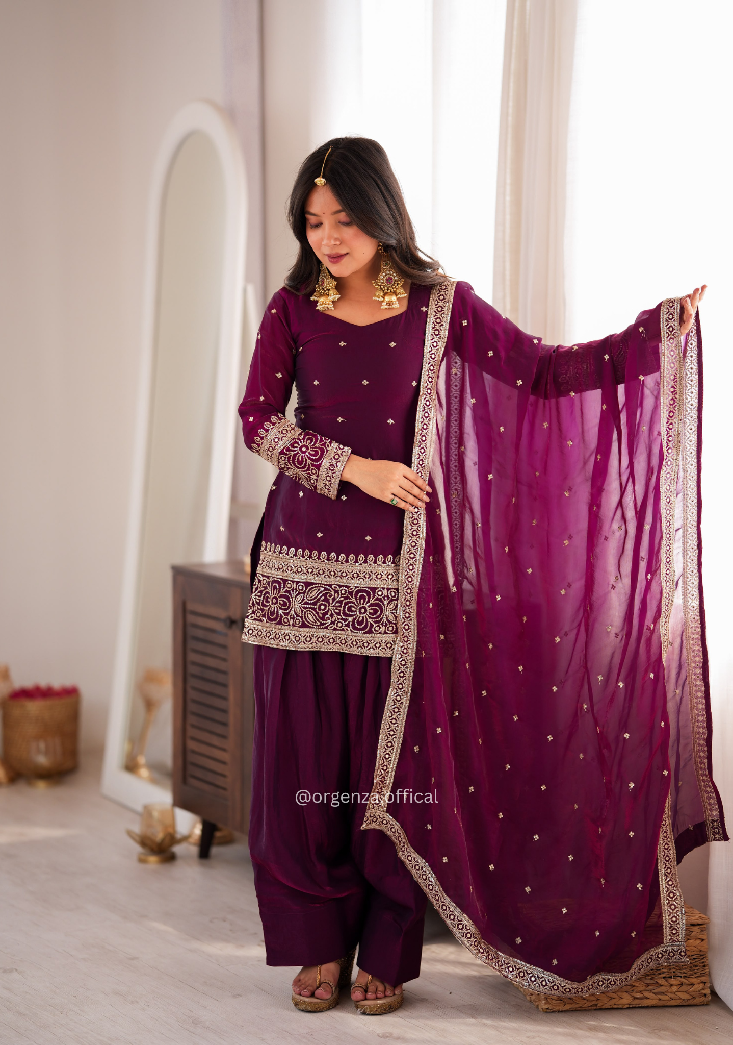 Wine Colour Fendy Silk Embroidered Farshi Shalwar Suit
