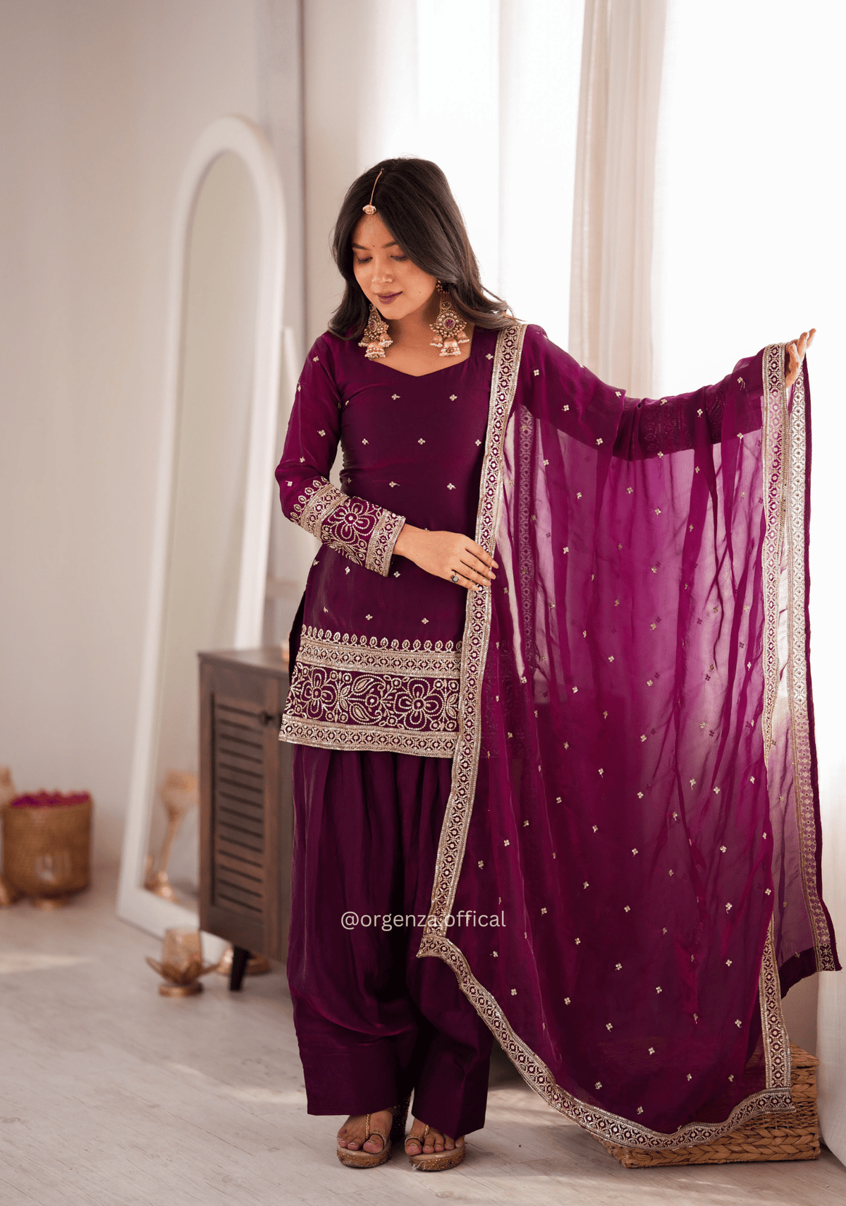 Wine Colour Fendy Silk Embroidered Farshi Shalwar Suit