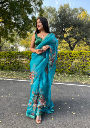 Sea Blue Colour Organza Saree With Handwork - Orgenza Store - digisoch