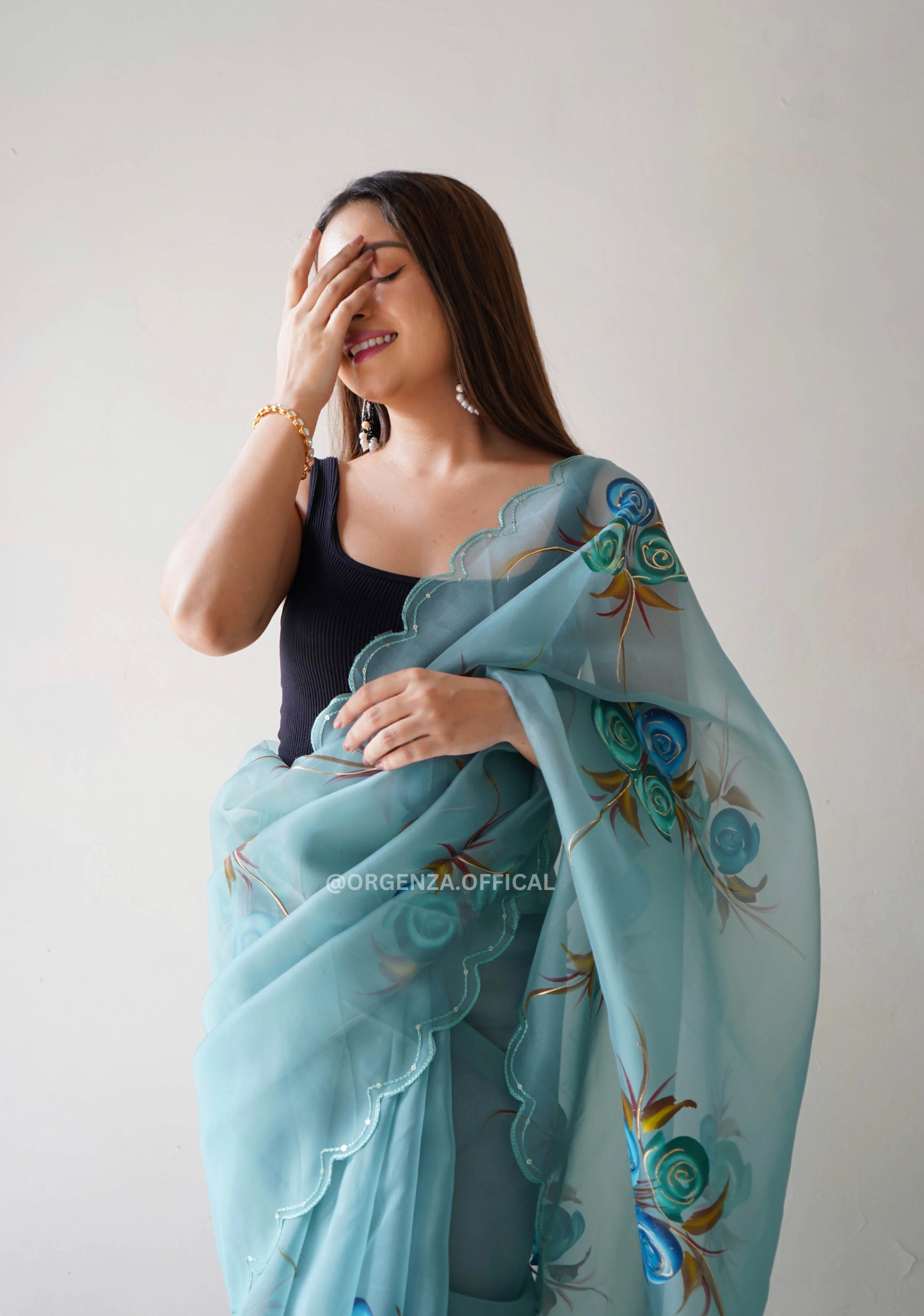 Rama Hand Print Organza Saree