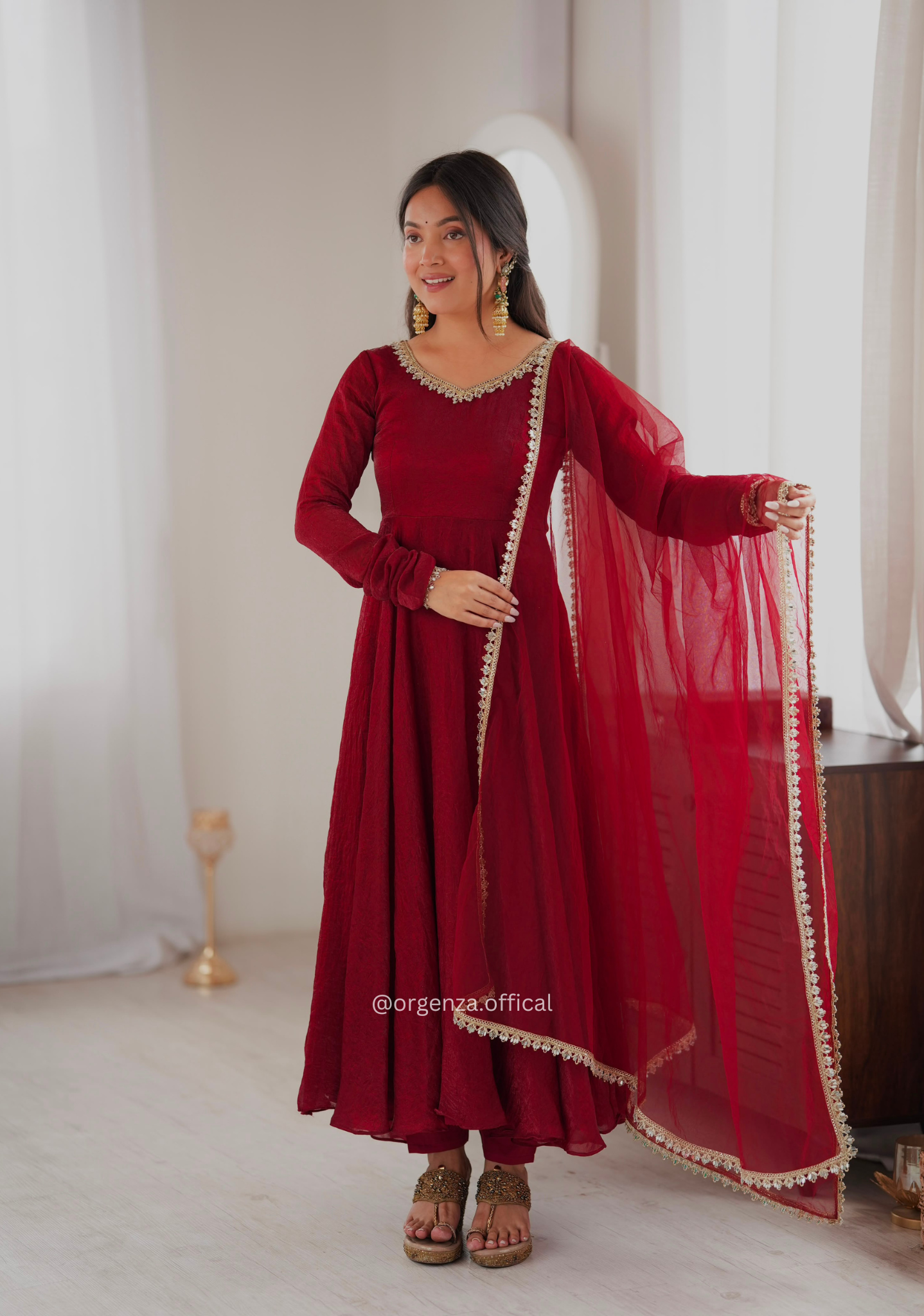 Maroon Crush Mirror Work Gown Set with Butterfly Net Dupatta