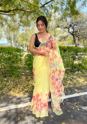 Yellow Digital Print Saree With Handwork - Orgenza Store - digisoch