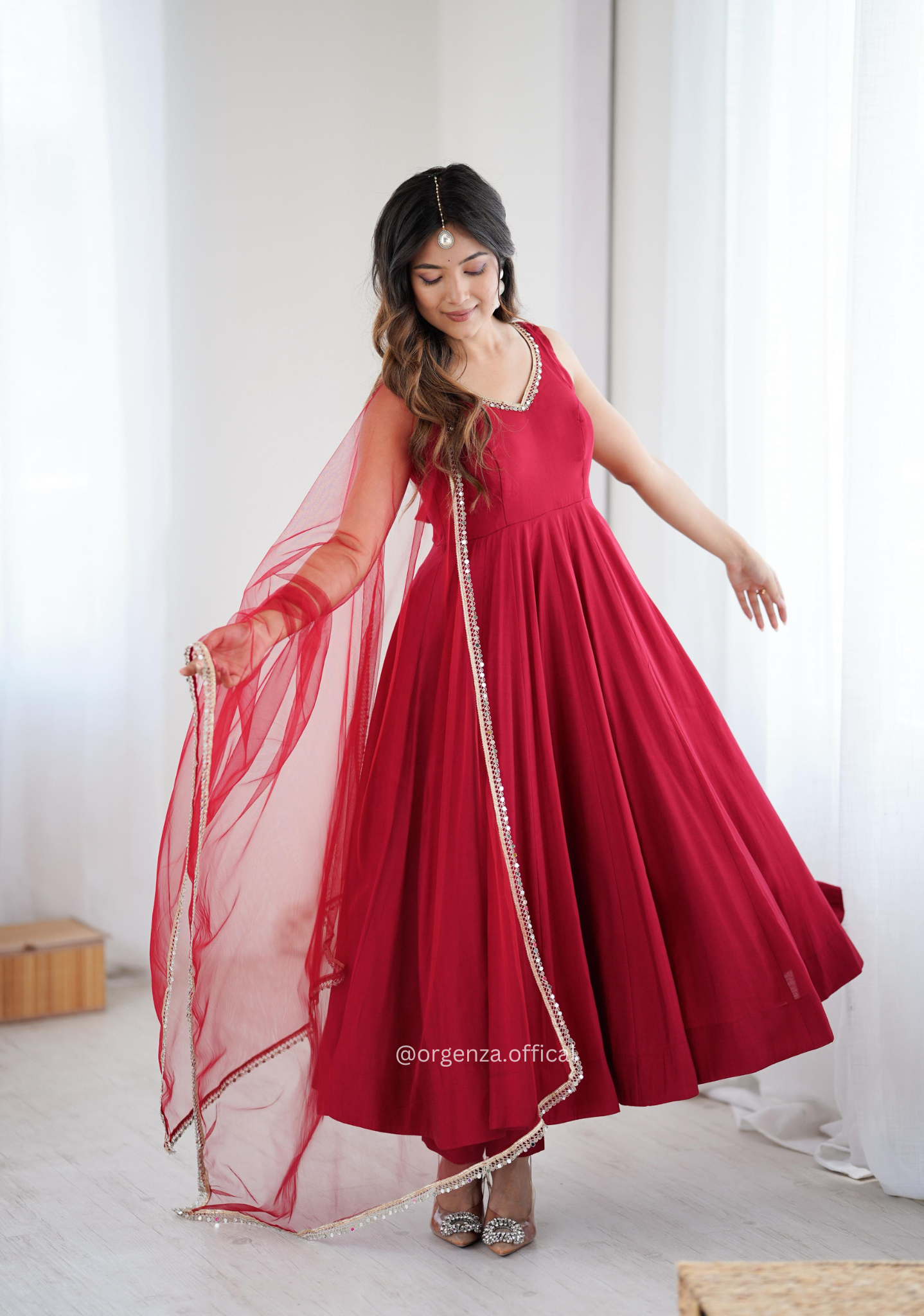 Maroon Colour Roman Silk Chanderi Plain Anarkali Kurti