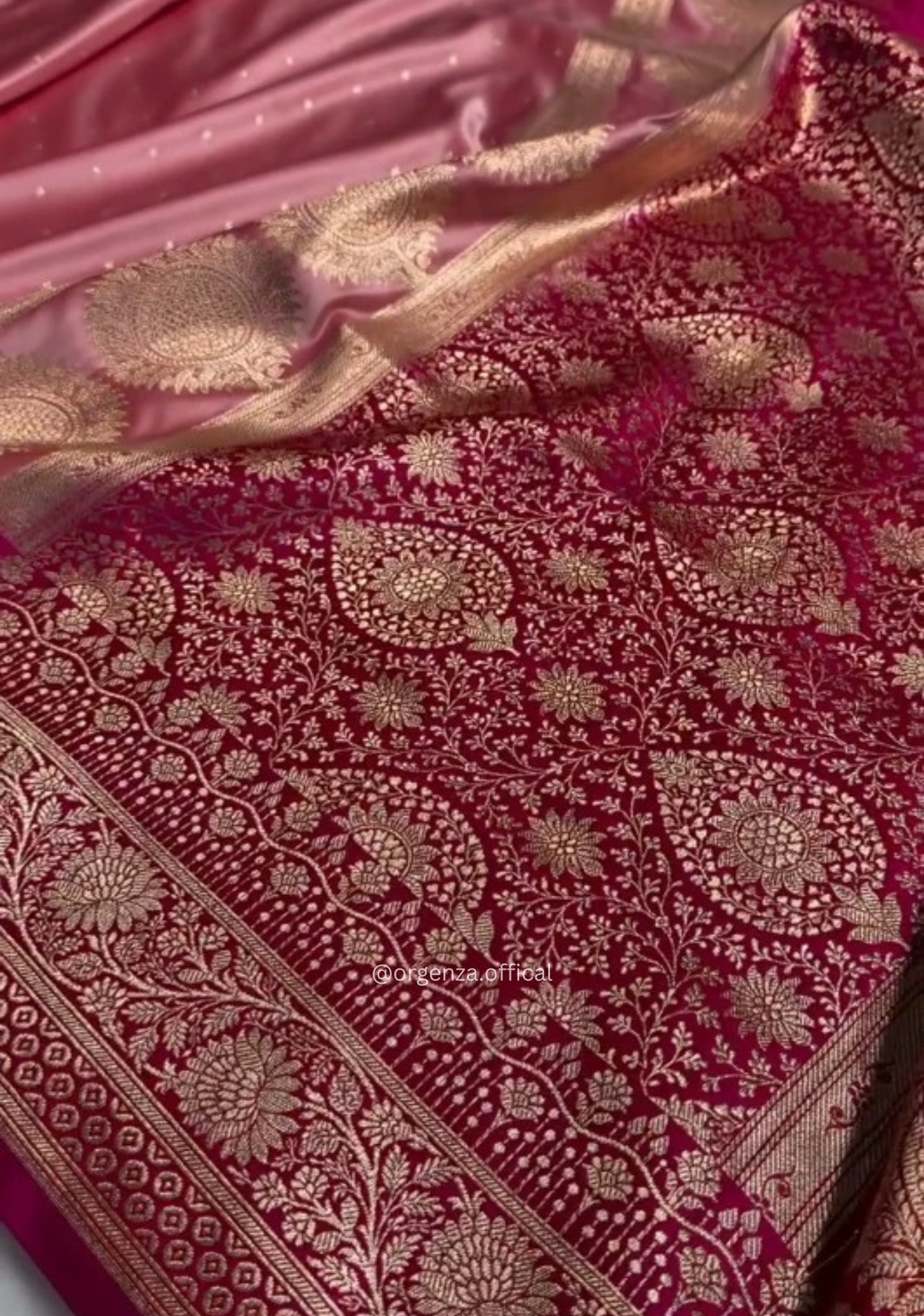 Rose Peach Banarasi Satin Saree with Golden Zari Weaving