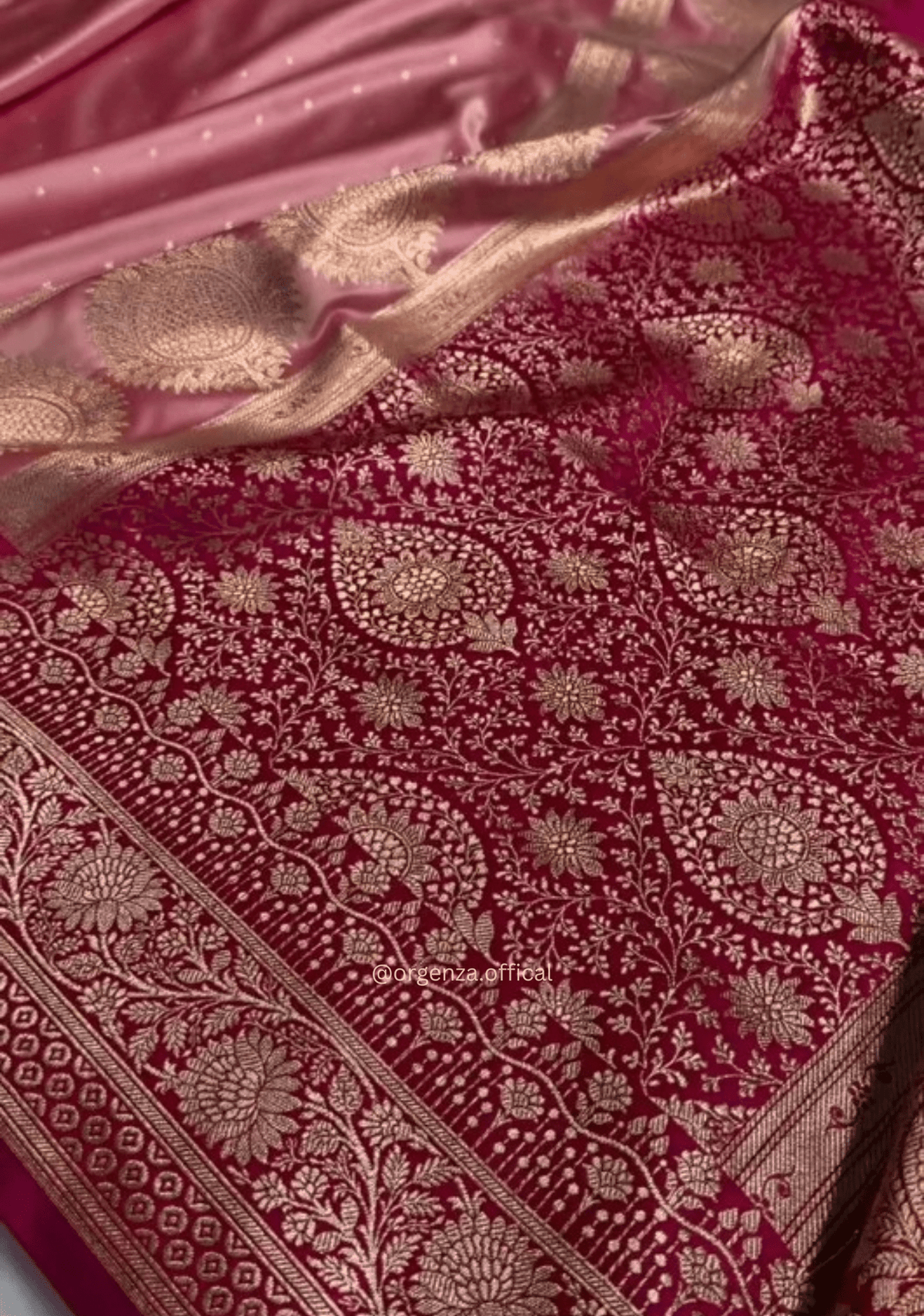 Rose Peach Banarasi Satin Saree with Golden Zari Weaving