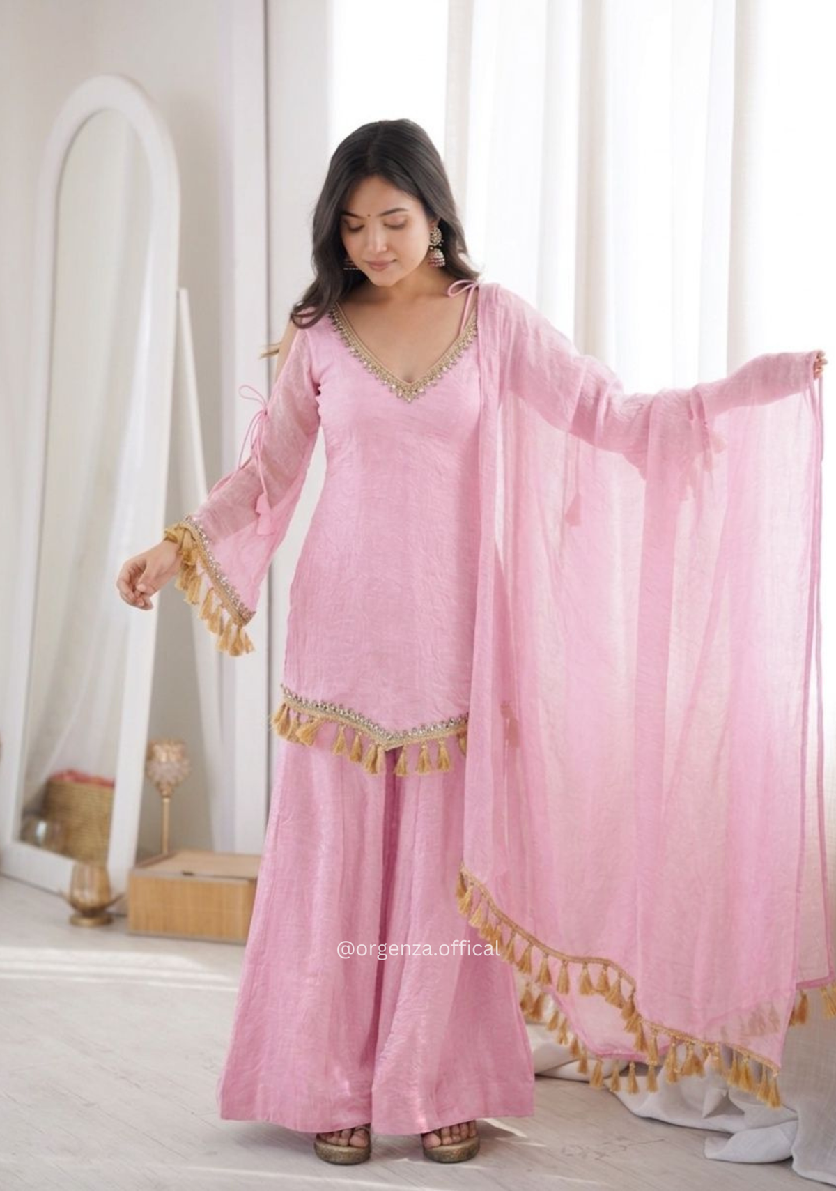 Baby Pink Doremon Crush Mirror Work Kurta Palazzo Set