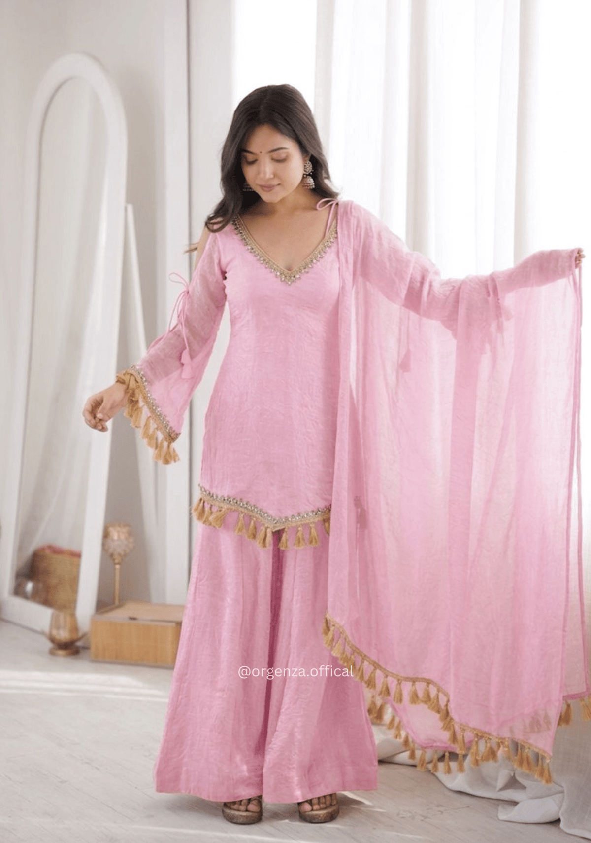 Baby Pink Doremon Crush Mirror Work Kurta Palazzo Set