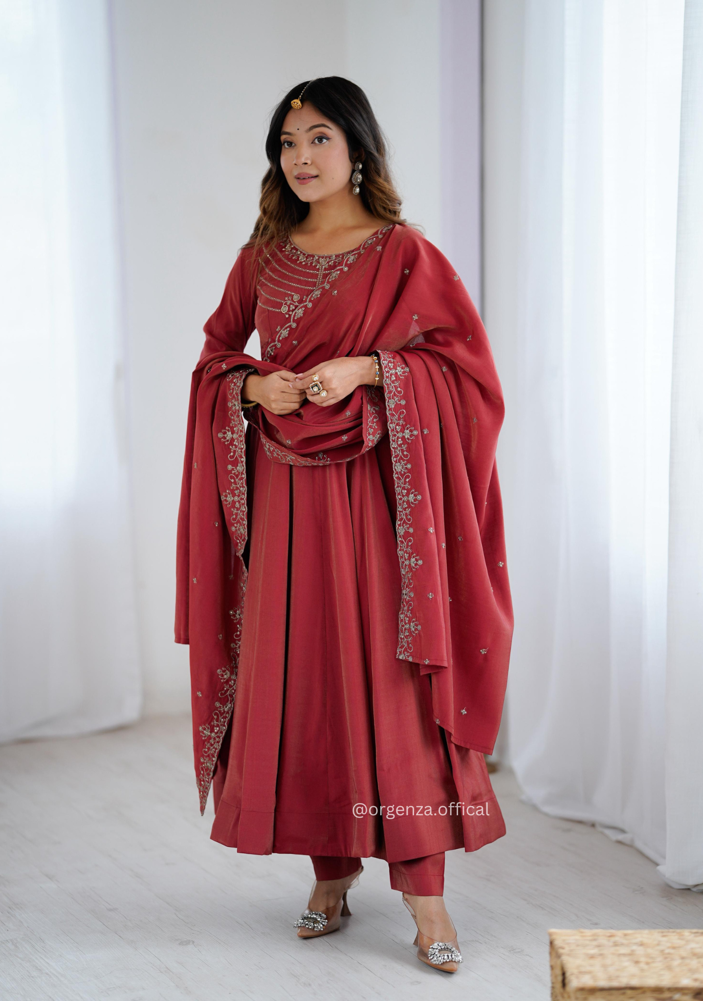 Maroon Colour Roman Shimmer Chanderi Silk Anarkali Kurti