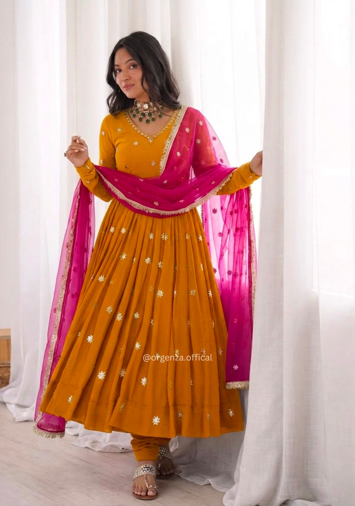 Mustard Yellow Faux Georgette Embroidered Gown Set