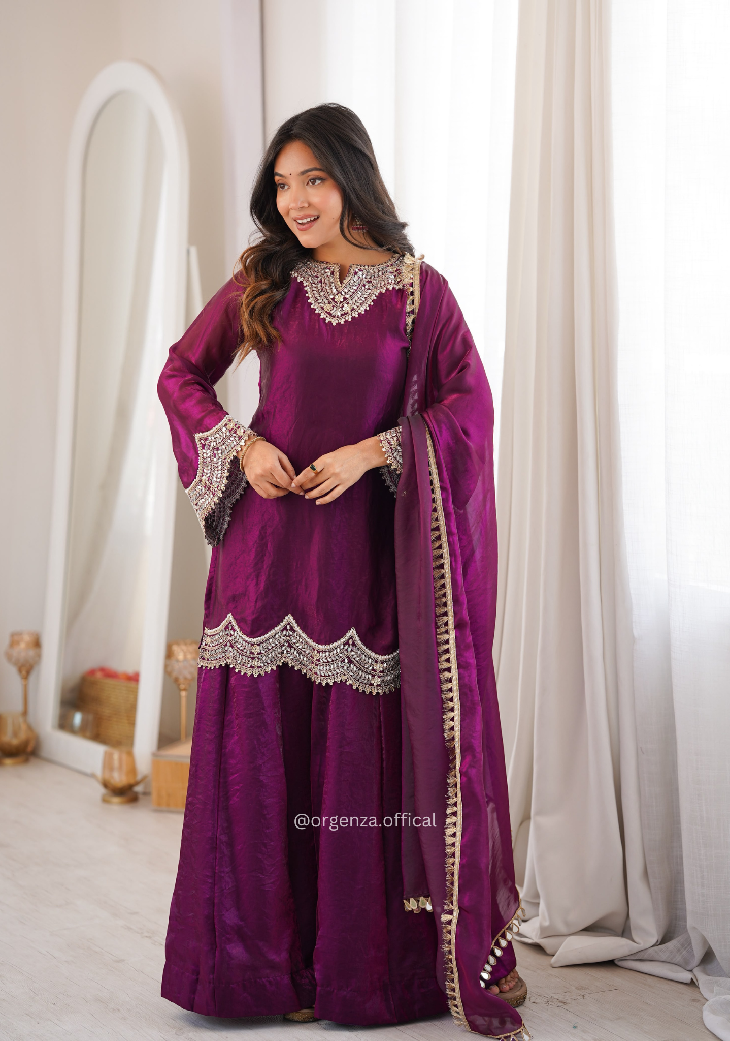 Dark Magenta Fendy Silk Mirror Work Sharara Palazzo Set