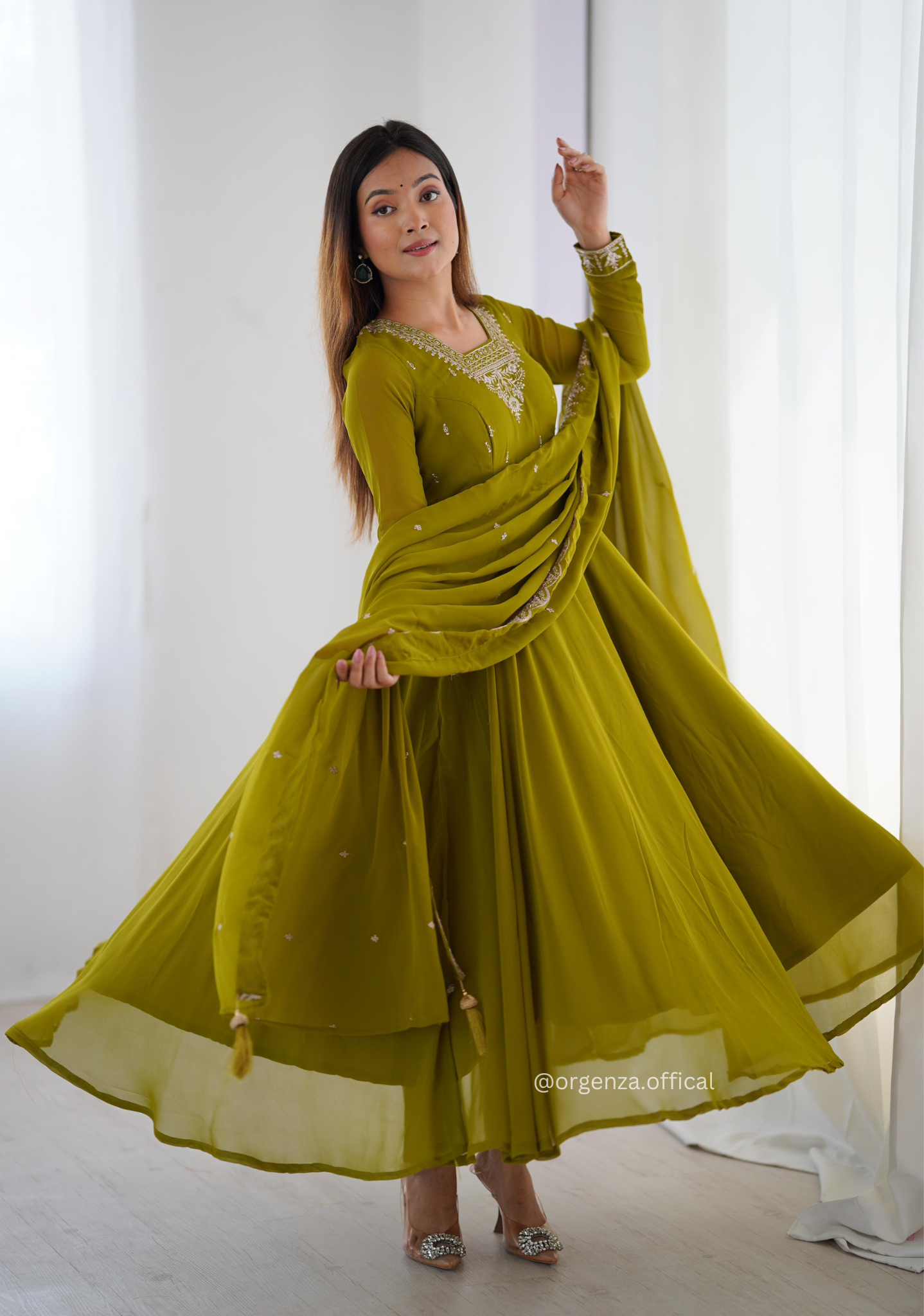 Mehndi Green Georgette Anarkali With Dupatta And Pant - Orgenza Store