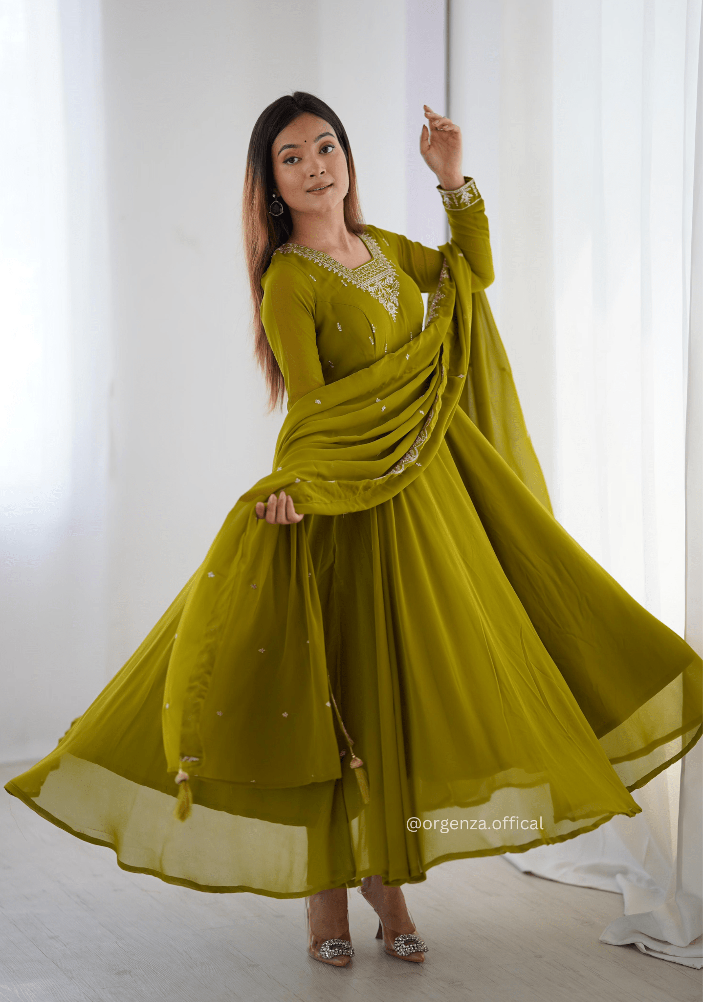 Mehndi Green Georgette Anarkali With Dupatta And Pant - Orgenza Store - digisoch
