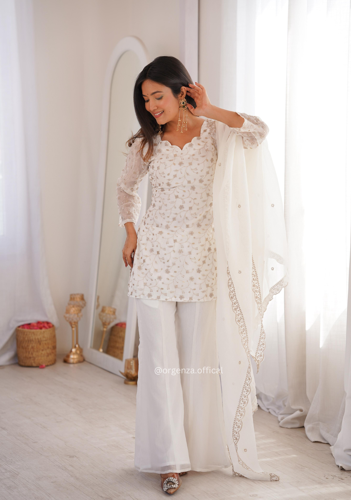 Designer Crunchy Silk Suit Set with Embroidery Sequins & Bell Bottom Pant