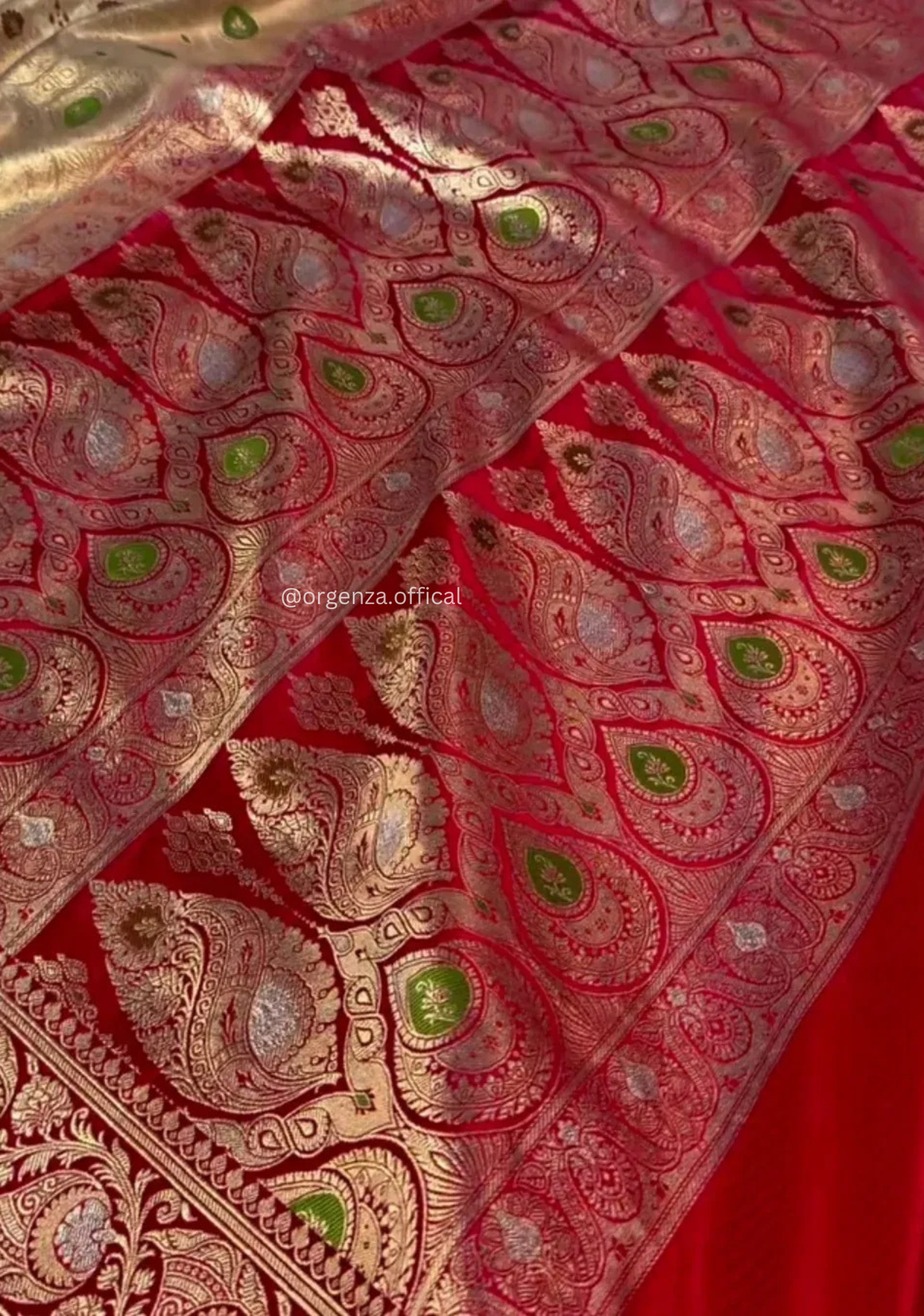 Beige Banarasi Silk Saree with Red Zari Blouse