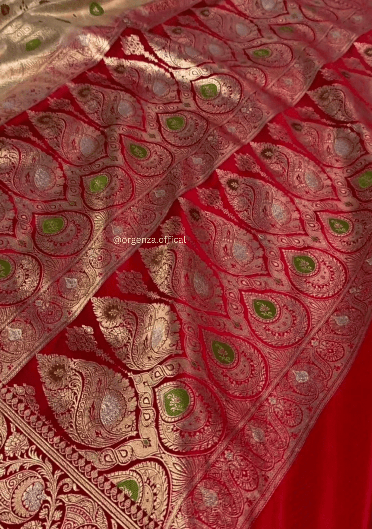 Beige Banarasi Silk Saree with Red Zari Blouse