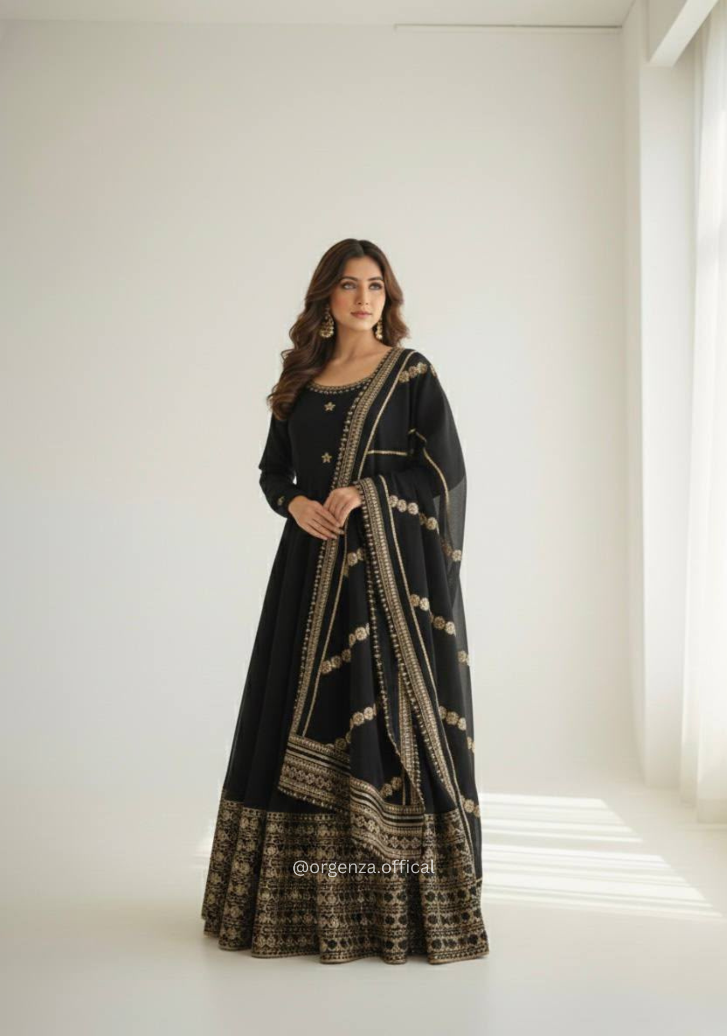 Black Chinon Silk Embroidered Gown Set