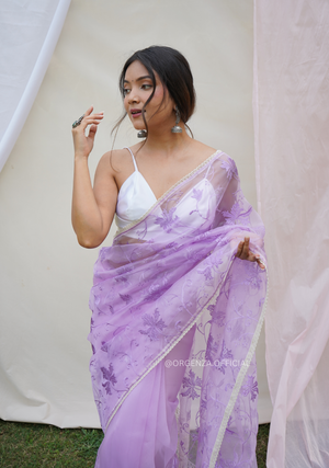 Lavender Colour Organza Saree With Floral Embroidery Work - Orgenza Store