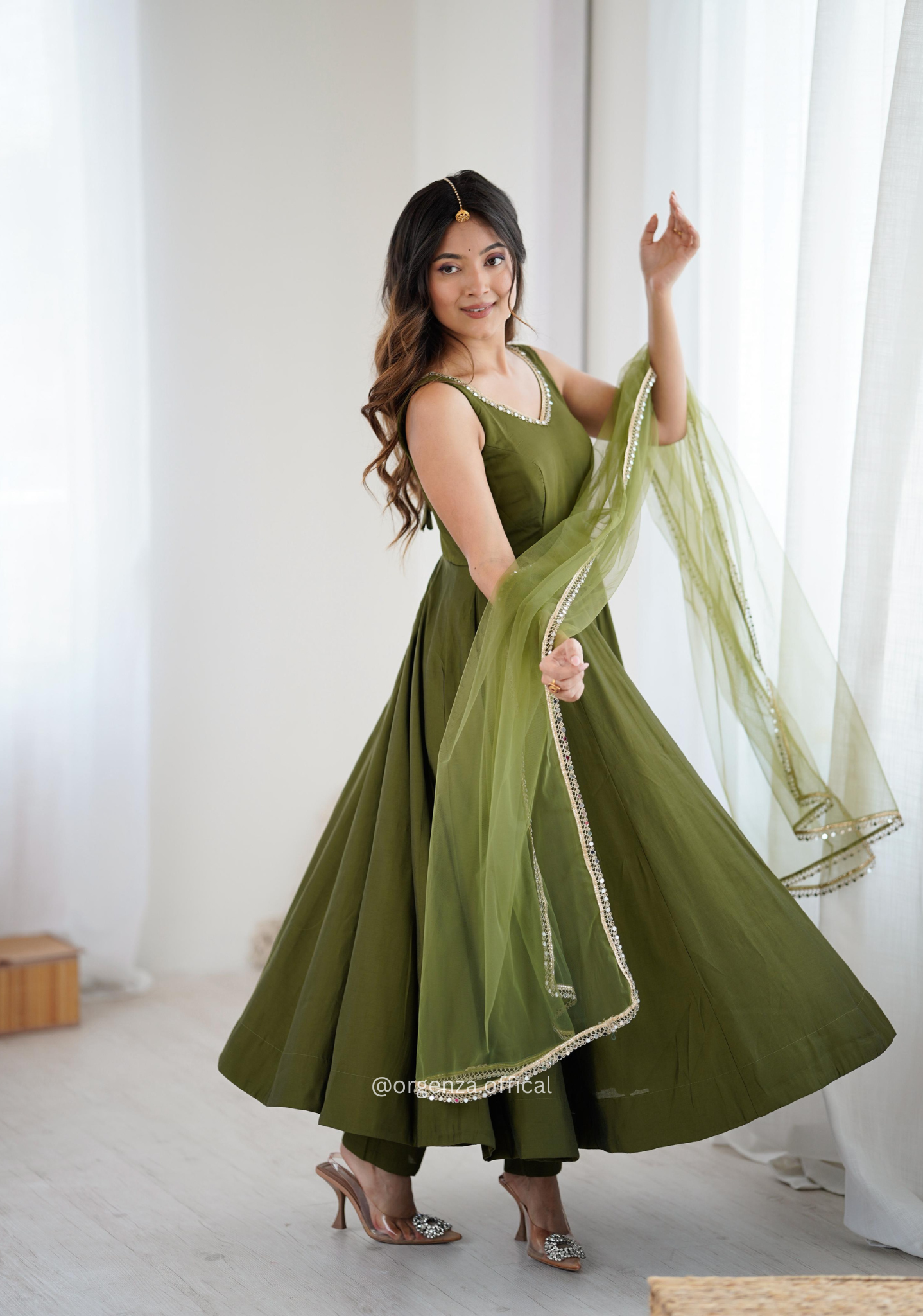 Green Colour Roman Silk Chanderi Anarkali Kurti