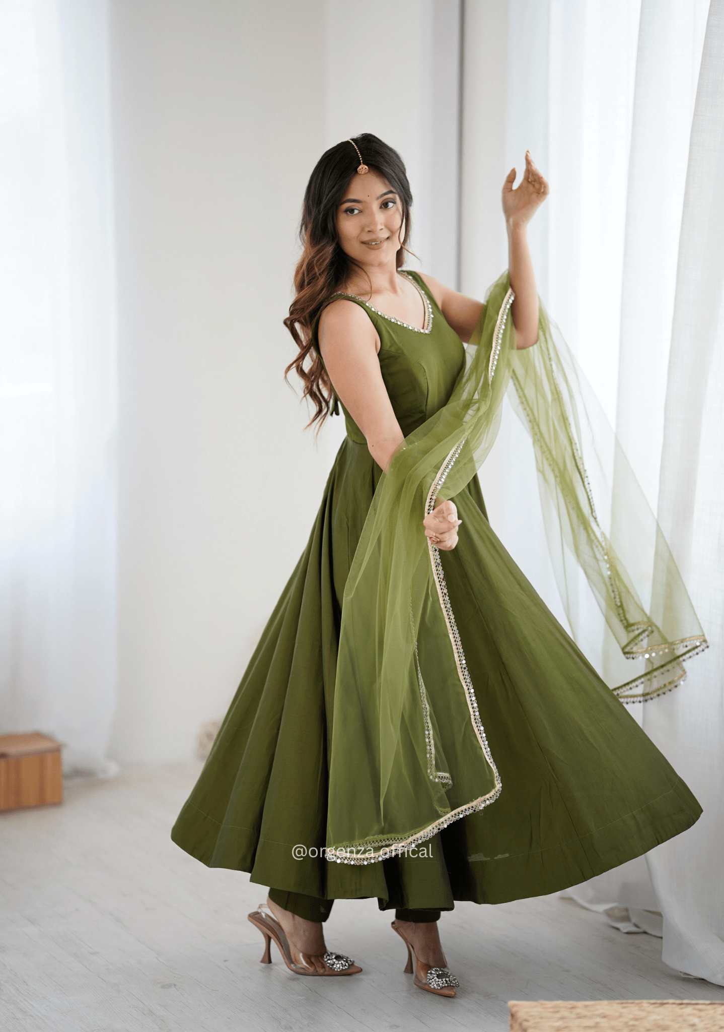 Green Colour Roman Silk Chanderi Anarkali Kurti - Orgenza Store - digisoch