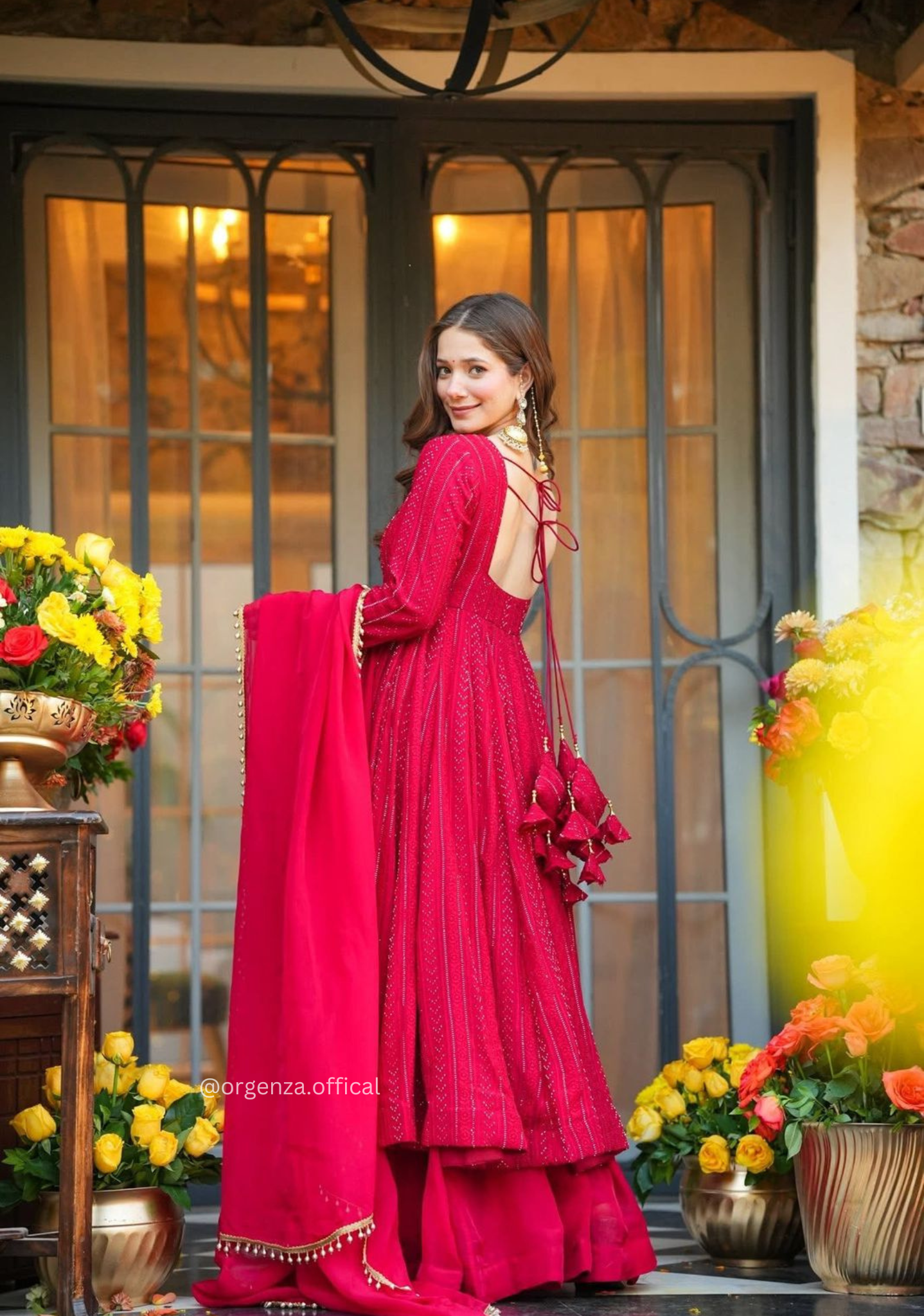 Premium Lal-Pink Anarkali Sharara Suit Set with Dupatta (3 PCS) – Ready to Wear