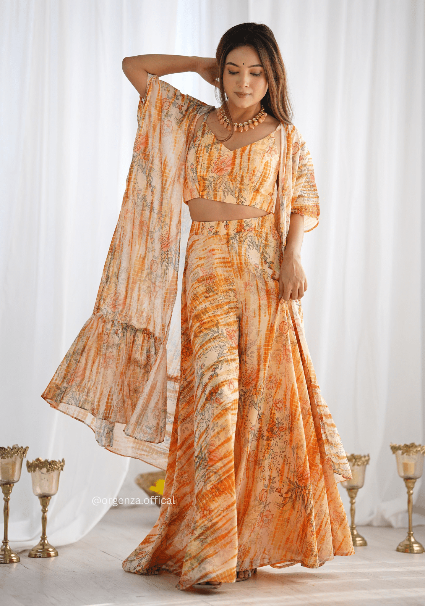 Floral Fox Georgette Indo-Western Shrug Set with Crop Top & Palazzo (3 PCS)