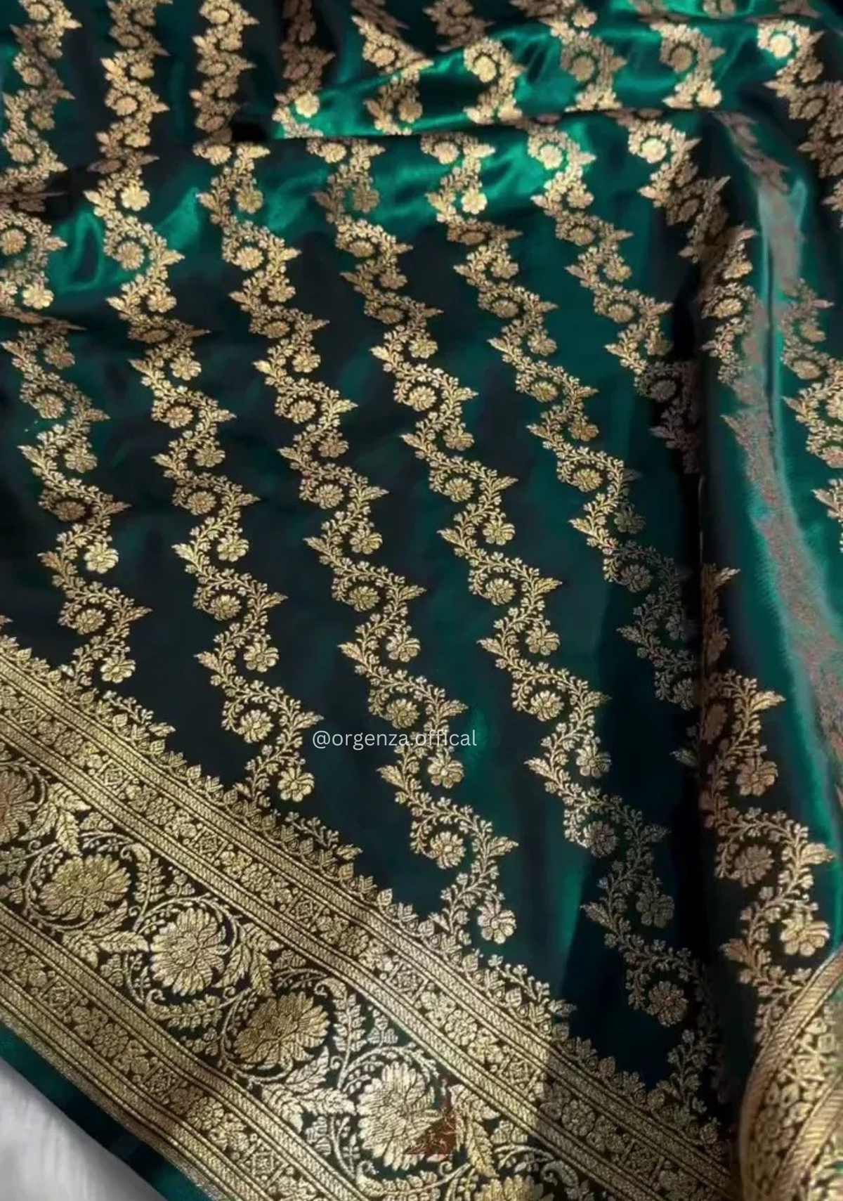Dark Teal Green Banarasi Satin Saree with Golden Zari Weaving