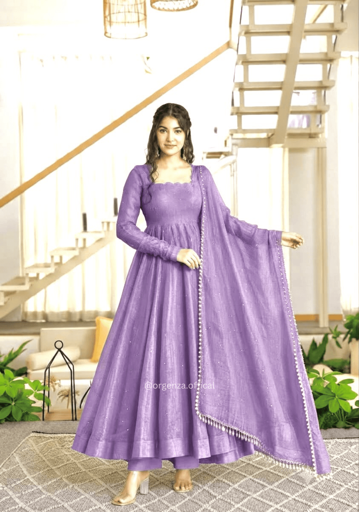 Purple Salsa Silk Foil Work Gown Pant Dupatta Set