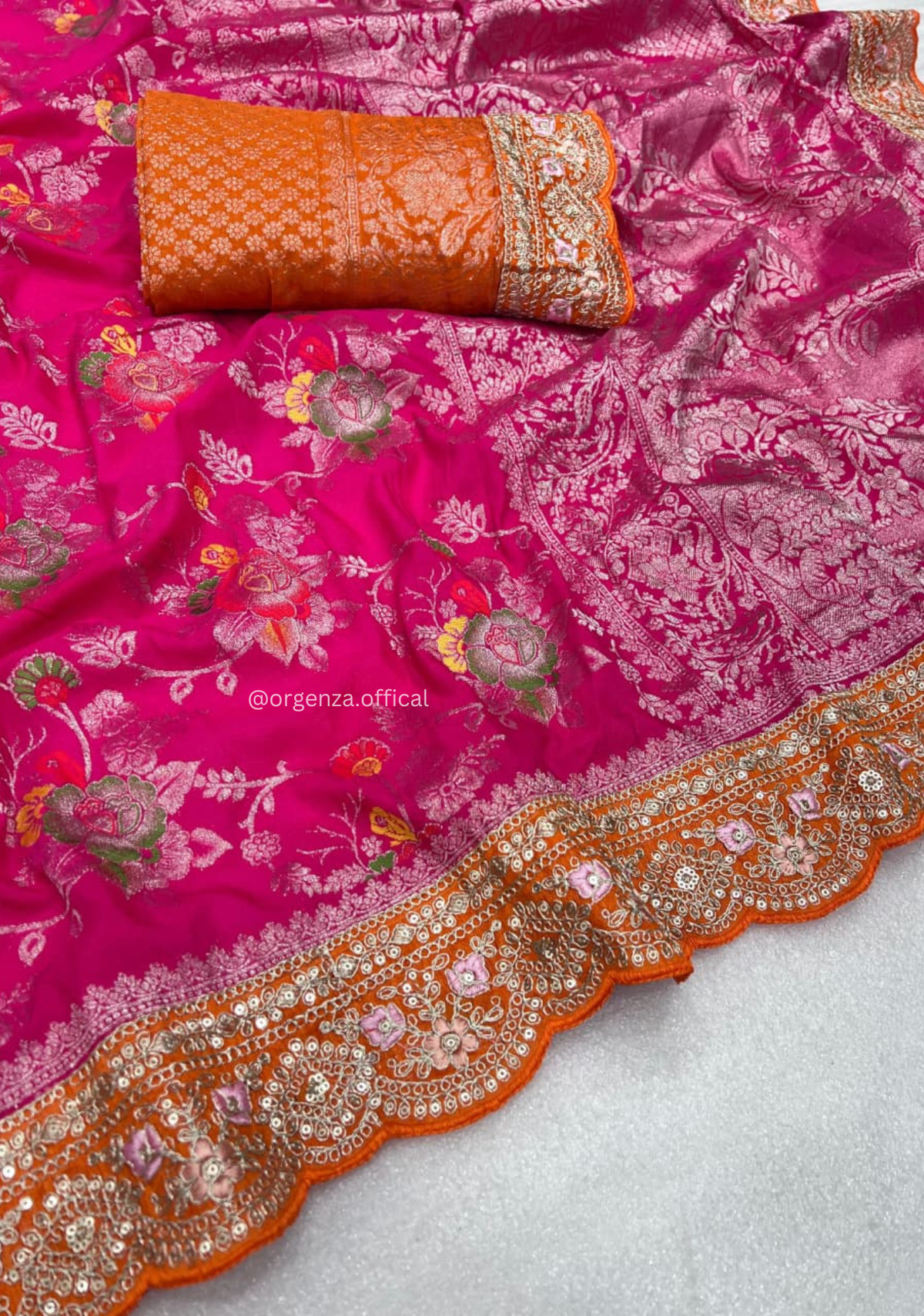 Hot Pink Pure Banarasi Crepe Georgette Meenakari Jaal Saree with Blouse