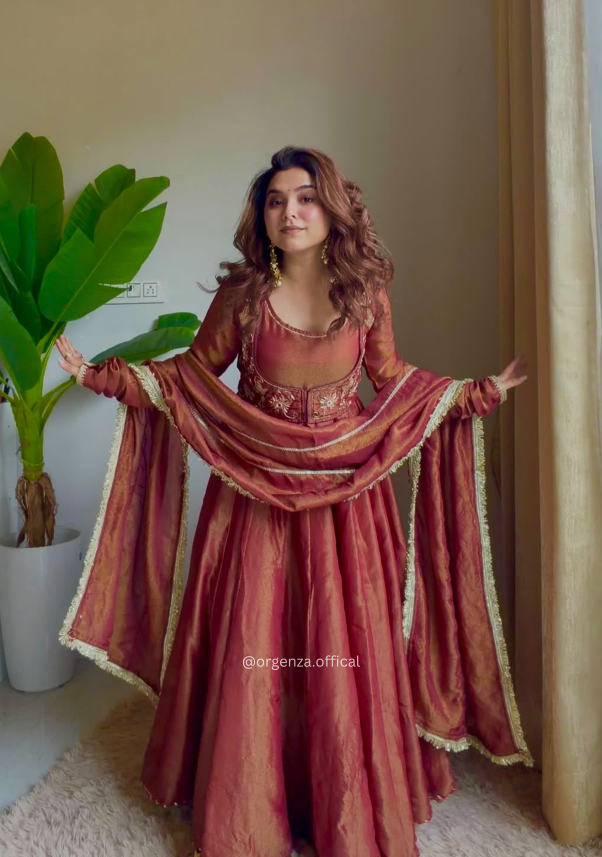 Rust Brown Heavy Cosmos Silk Maxi Anarkali Suit Set with Koti Work