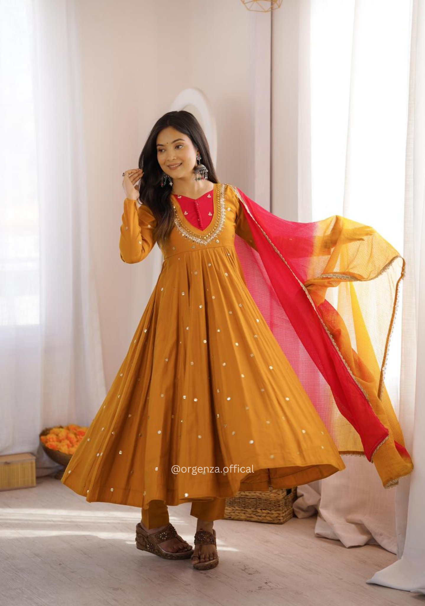 Roman Silk Anarkali Suit Set with Real Mirror Work