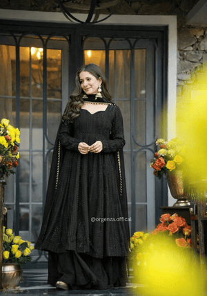 Premium Black Anarkali Sharara Suit Set with Sequins & Zari Embroidery - Orgenza Store