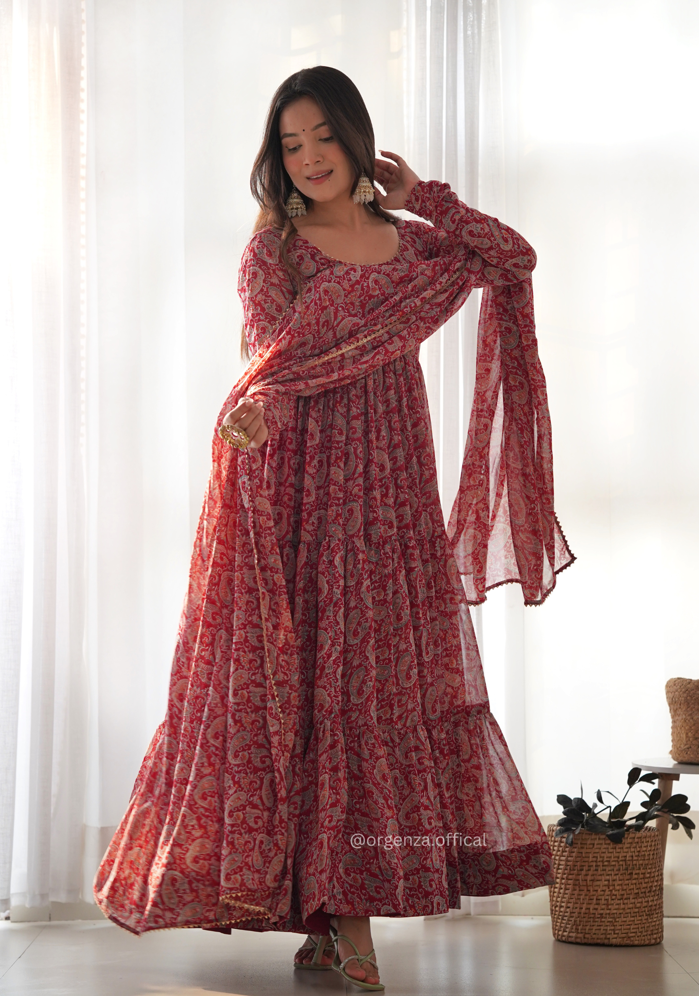 Pure Soft Fox Georgette Kalamkari Print Ruffle Anarkali - Orgenza Store