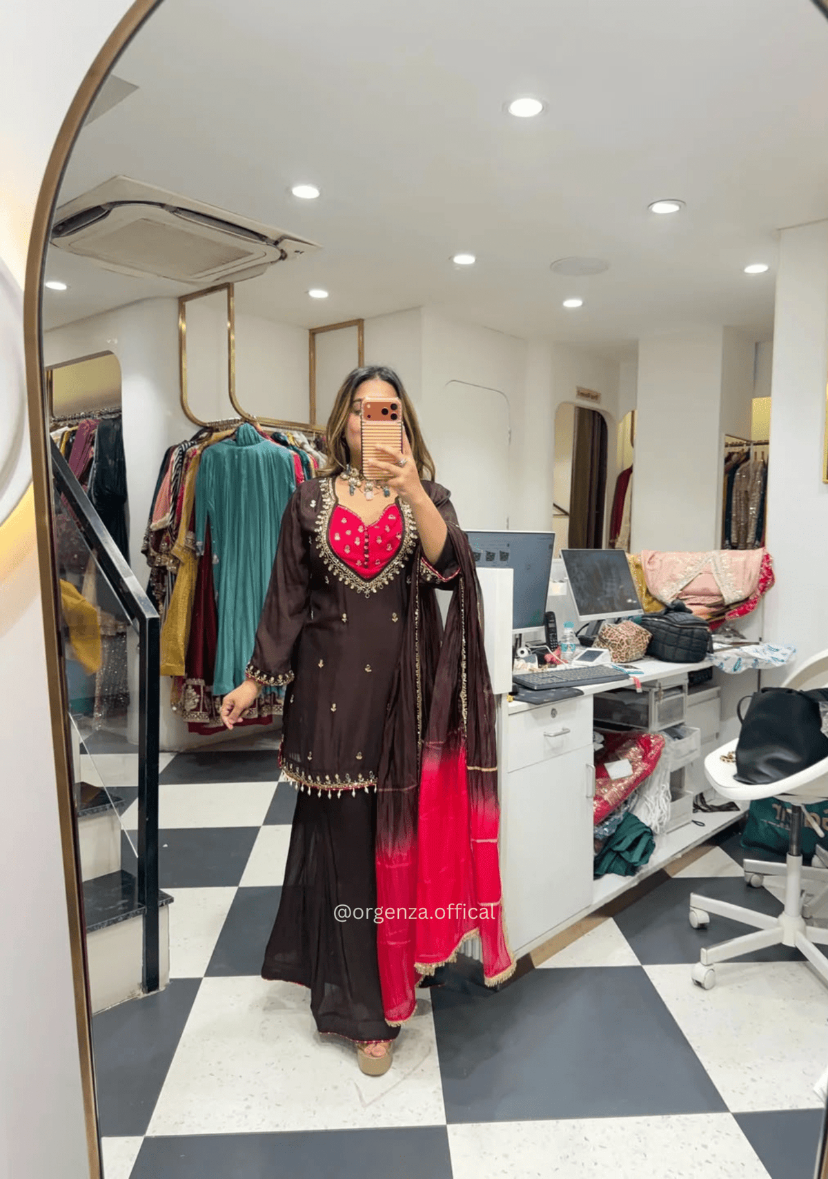 Dark Coffee Brown French Crepe Real Mirror Work Kurta Palazzo Set
