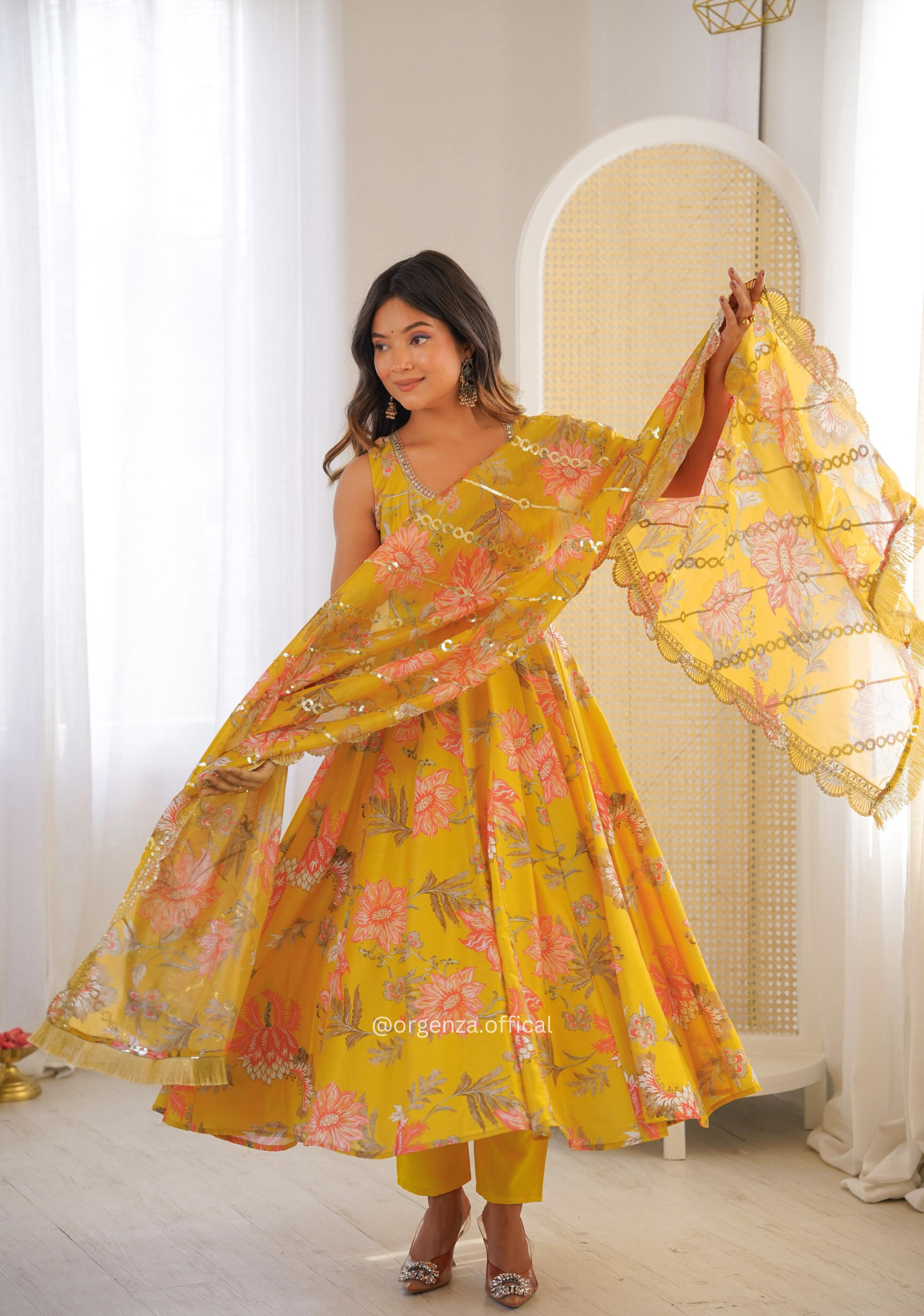 Mustard Yellow Floral Print Muslin Kali Cut Anarkali Suit Set