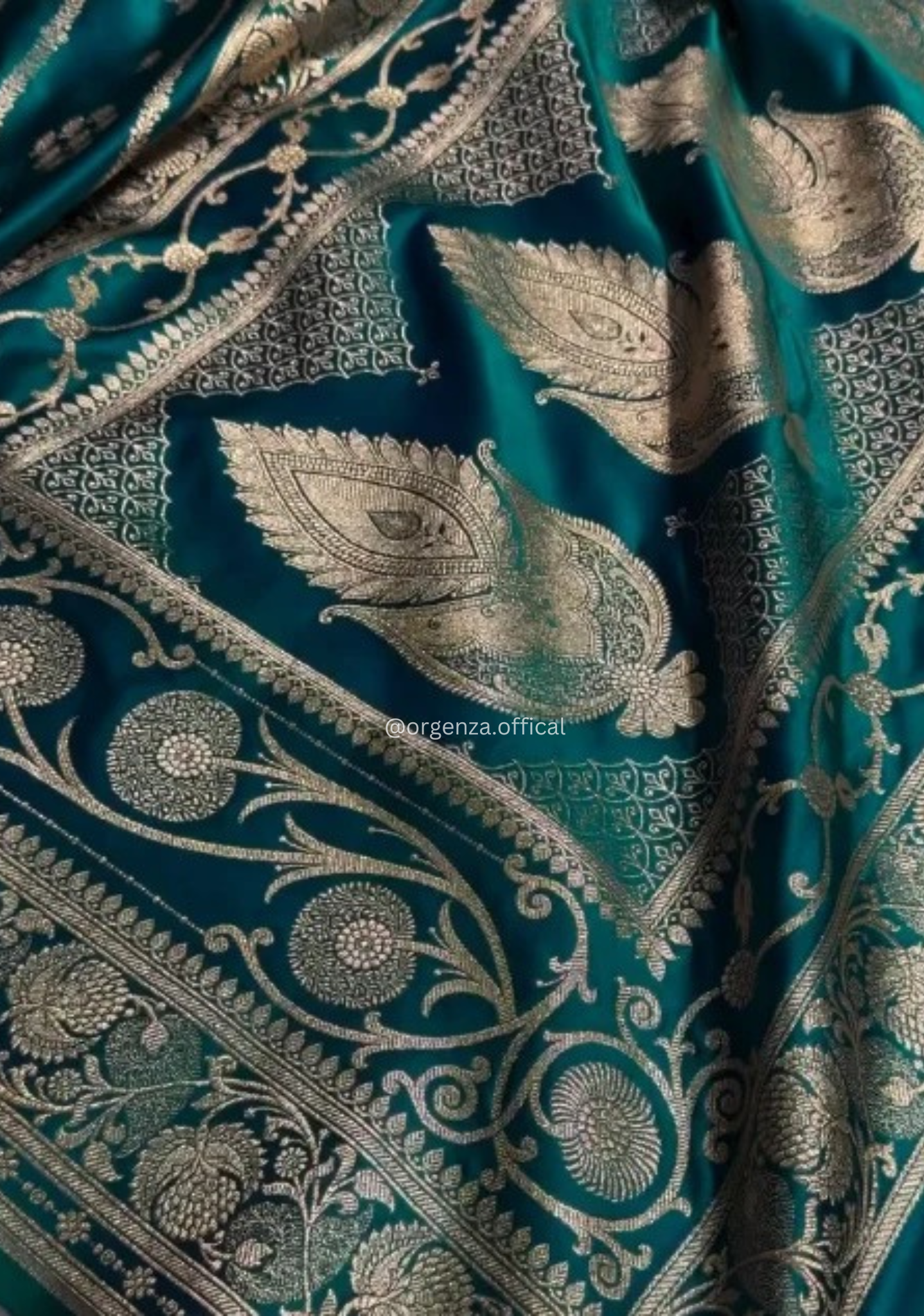 Teal Blue Banarasi Satin Saree with Golden Zari Weaving