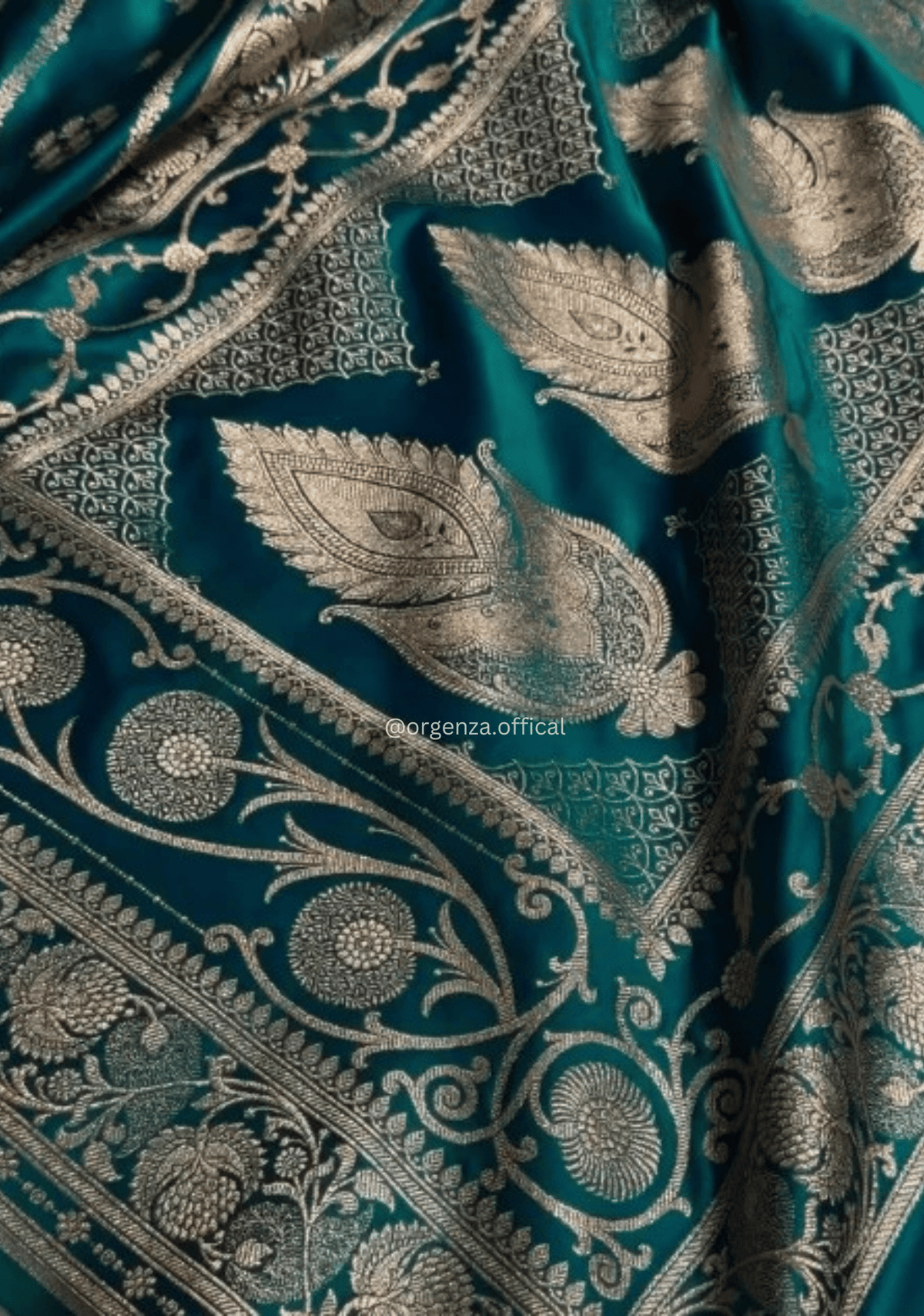 Teal Blue Banarasi Satin Saree with Golden Zari Weaving