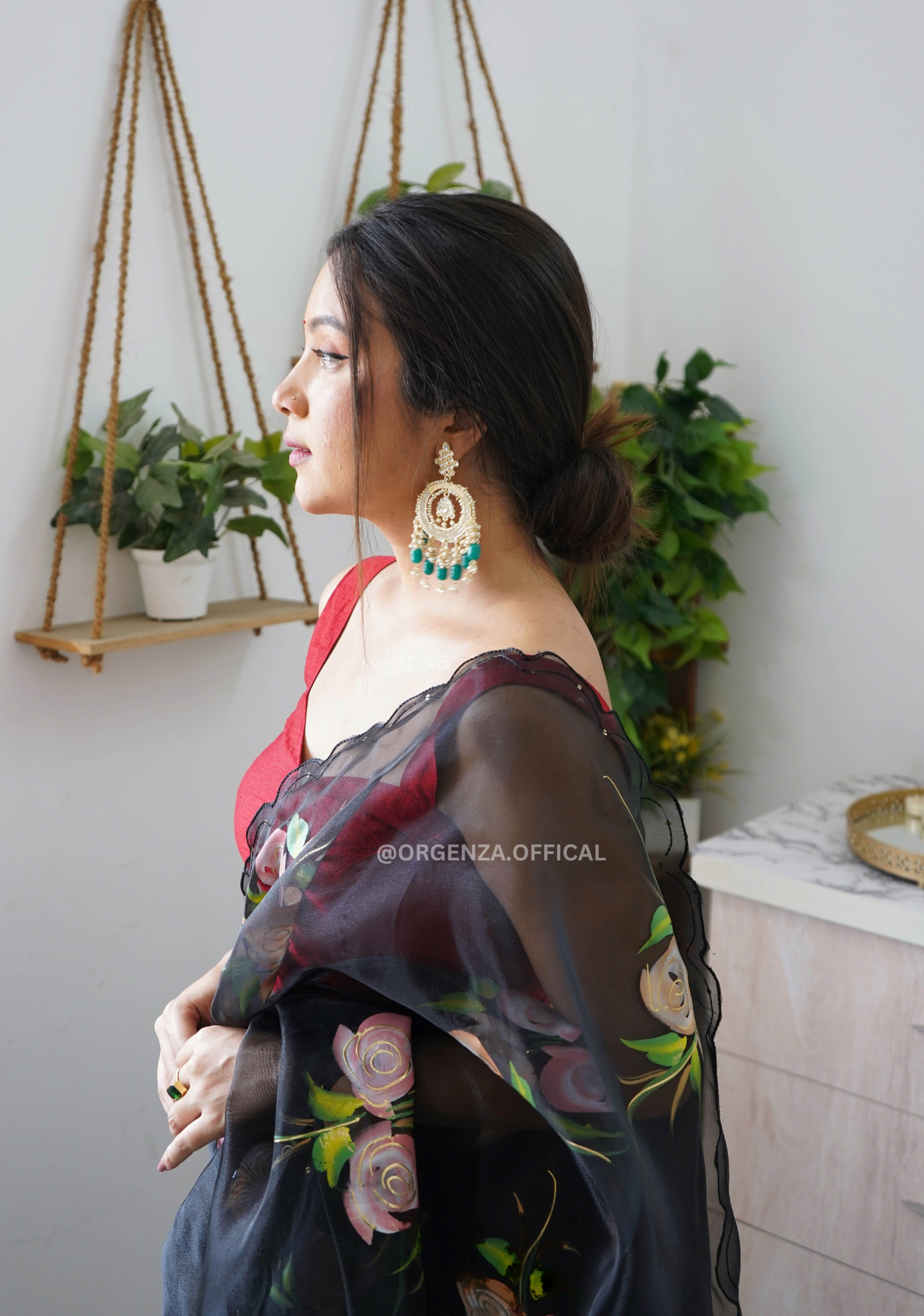 Black Hand Print Organza Saree With Blouse - Orgenza Store