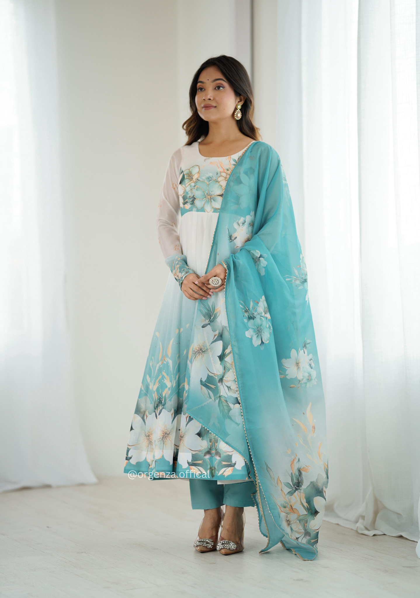 Aqua Blue Colour Organza Anarkali Kurti Set
