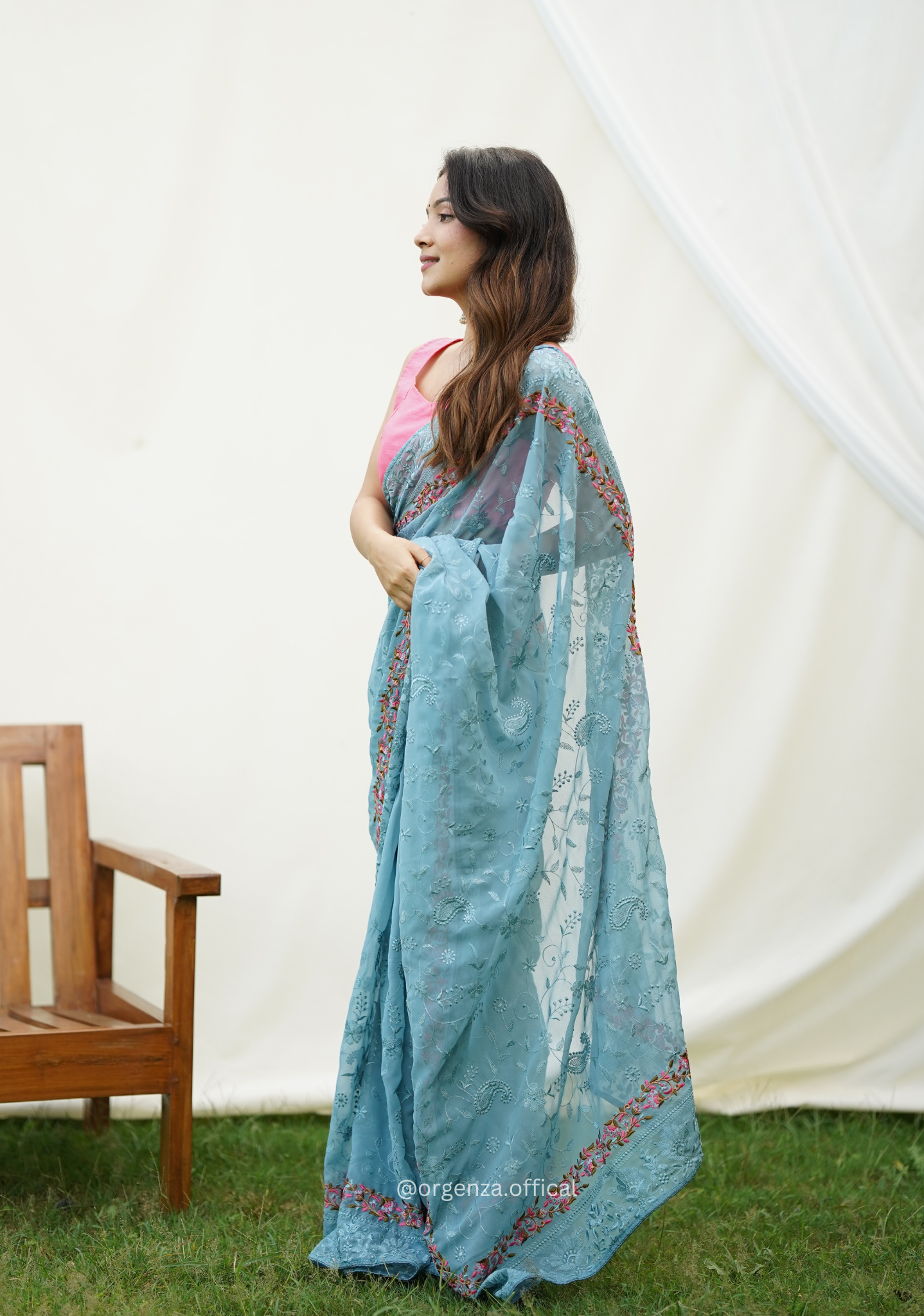 Sky Color Embroidery Work Heavy Georgette Silk Saree With Running Blouse - Orgenza Store