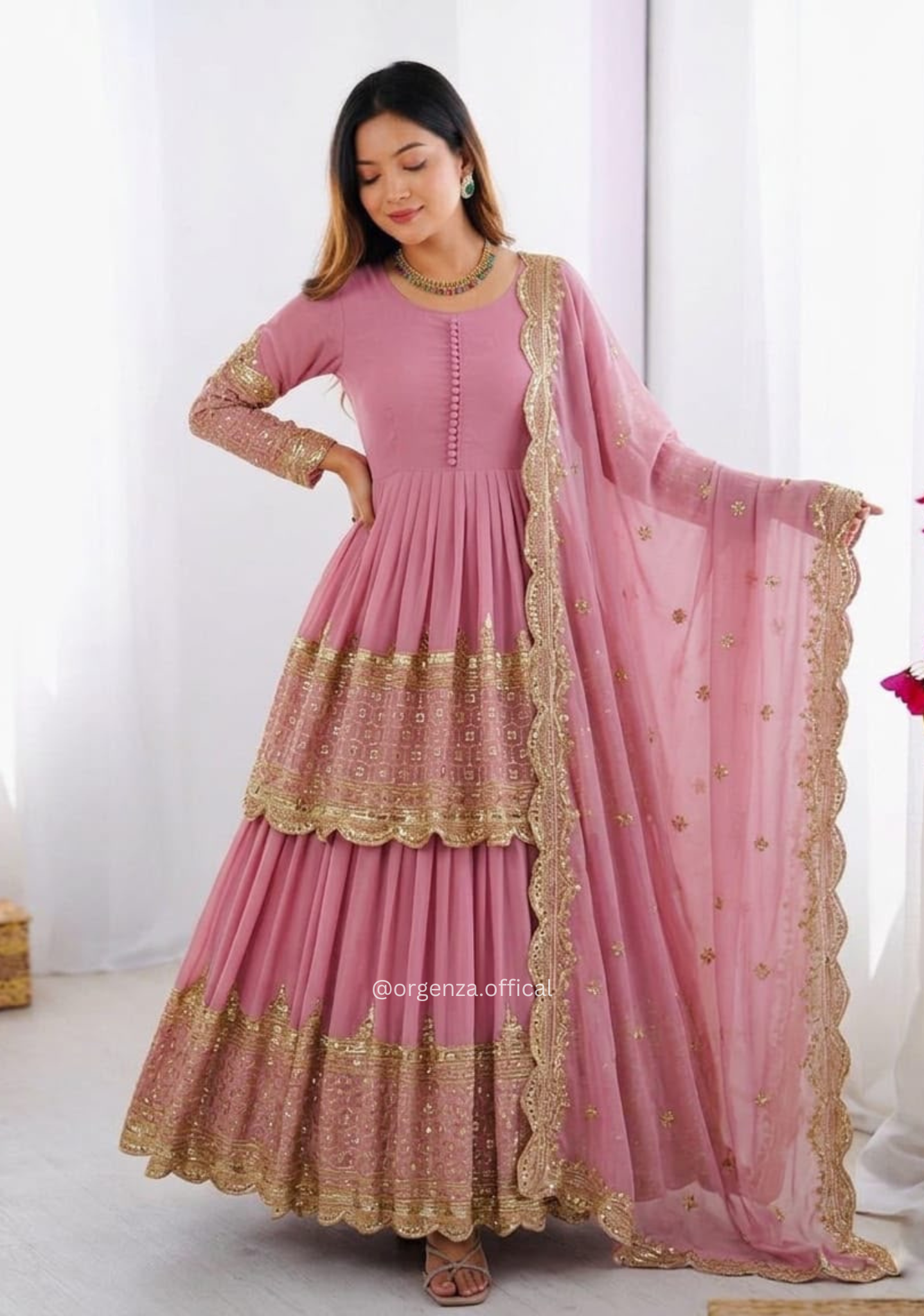 Onion Pink Embroidered Kediya Lehenga Set with Dupatta
