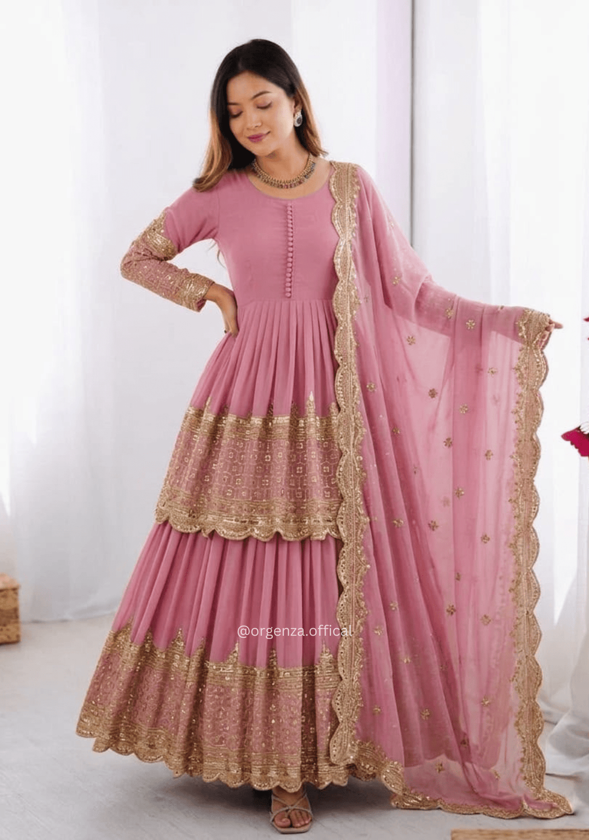Onion Pink Embroidered Kediya Lehenga Set with Dupatta