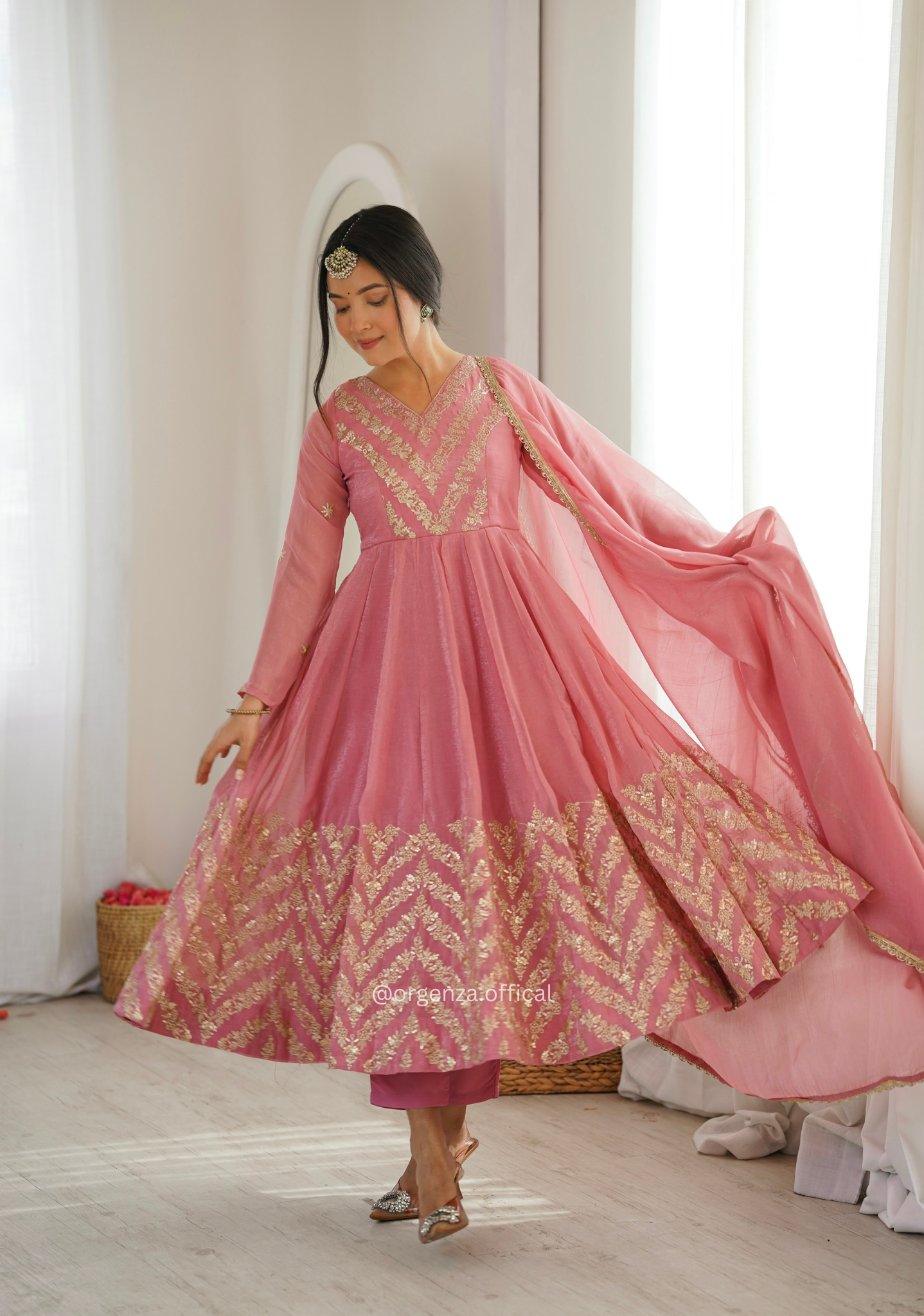 Onion Pink Crunchy Silk Embroidered Anarkali Gown Set