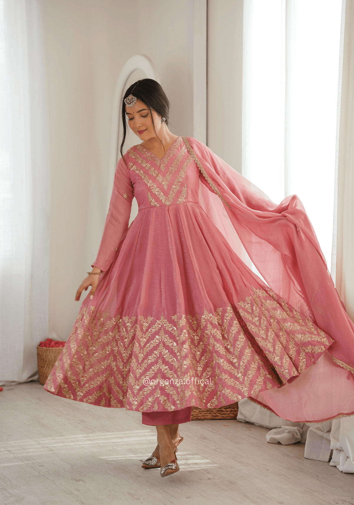 Onion Pink Crunchy Silk Embroidered Anarkali Gown Set