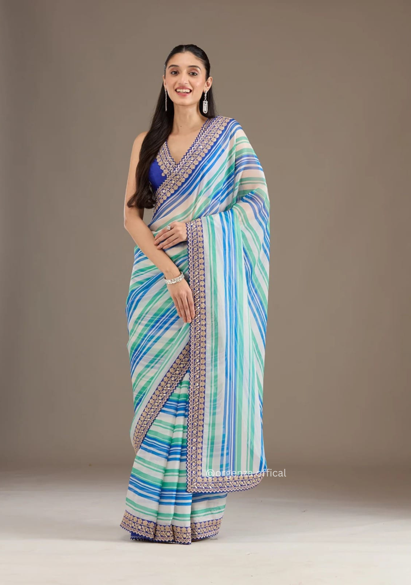 Sky Mutli Colour Chinnon Silk Saree With Embroidery Work