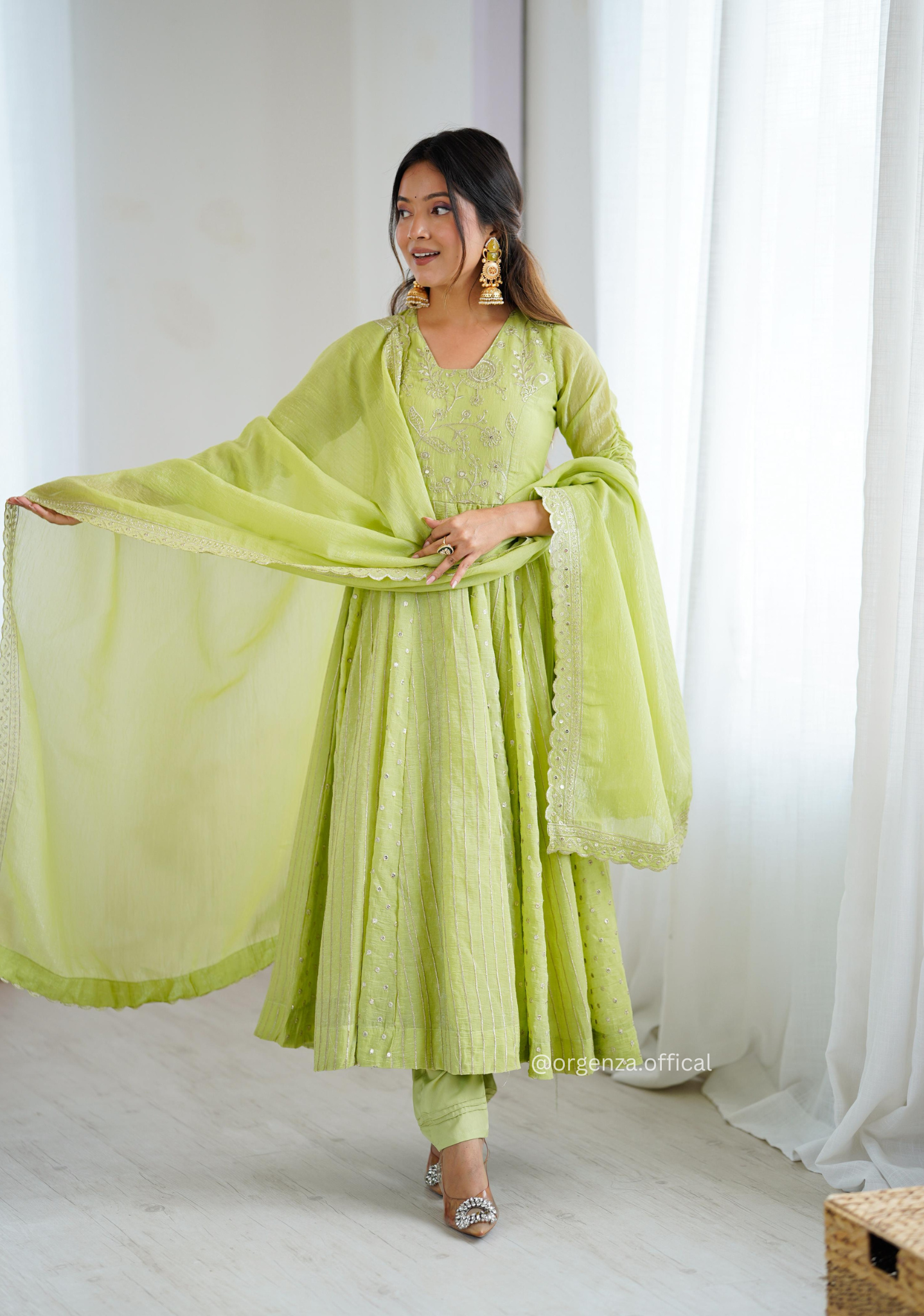 Pista Green Colour Crunchy Silk Anarkali Kurti